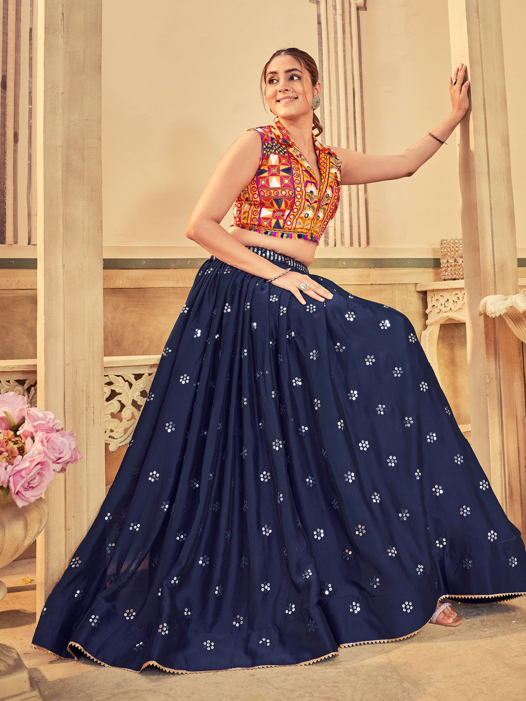 Women's Blue Rangoli Silk Traditional Kutchi Embroidery with Mirror Work Semi Stitched Lehenga Choli With Dupatta (Nav_15_Blue)