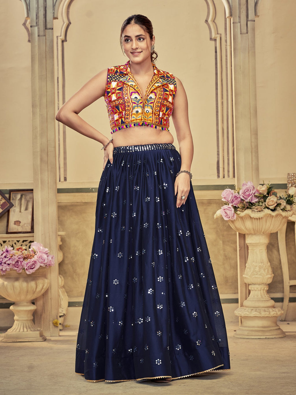 Women's Blue Rangoli Silk Traditional Kutchi Embroidery with Mirror Work Semi Stitched Lehenga Choli With Dupatta (Nav_15_Blue)