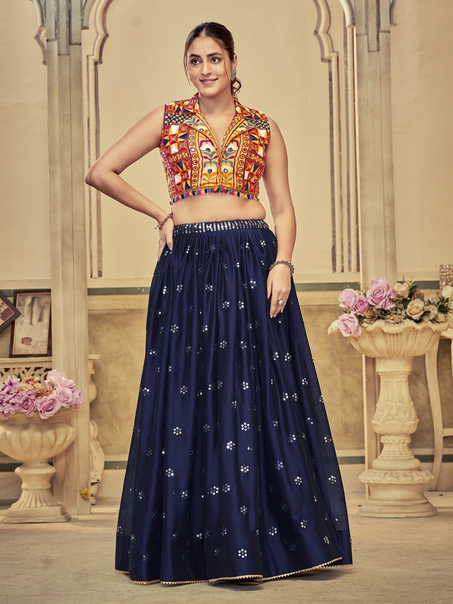 Women's Blue Rangoli Silk Traditional Kutchi Embroidery with Mirror Work Semi Stitched Lehenga Choli With Dupatta (Nav_15_Blue)
