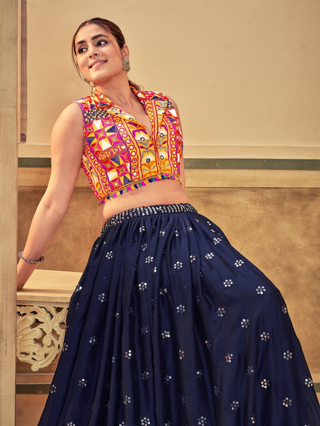 Women's Blue Rangoli Silk Traditional Kutchi Embroidery with Mirror Work Semi Stitched Lehenga Choli With Dupatta (Nav_15_Blue)