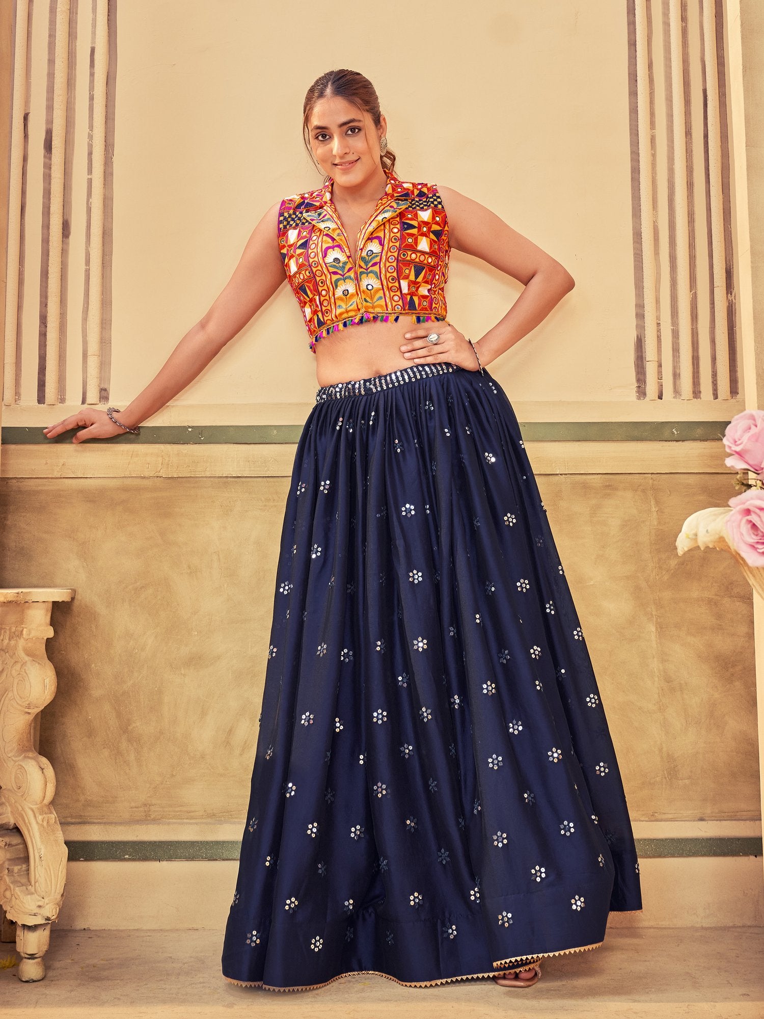 Women's Blue Rangoli Silk Traditional Kutchi Embroidery with Mirror Work Semi Stitched Lehenga Choli With Dupatta (Nav_15_Blue)
