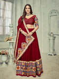 Women's Dark Maroon Georgette Traditional Kutchi Embroidery with Mirror Work Semi Stitched Lehenga Choli With Dupatta (Nav_16_Maroon)