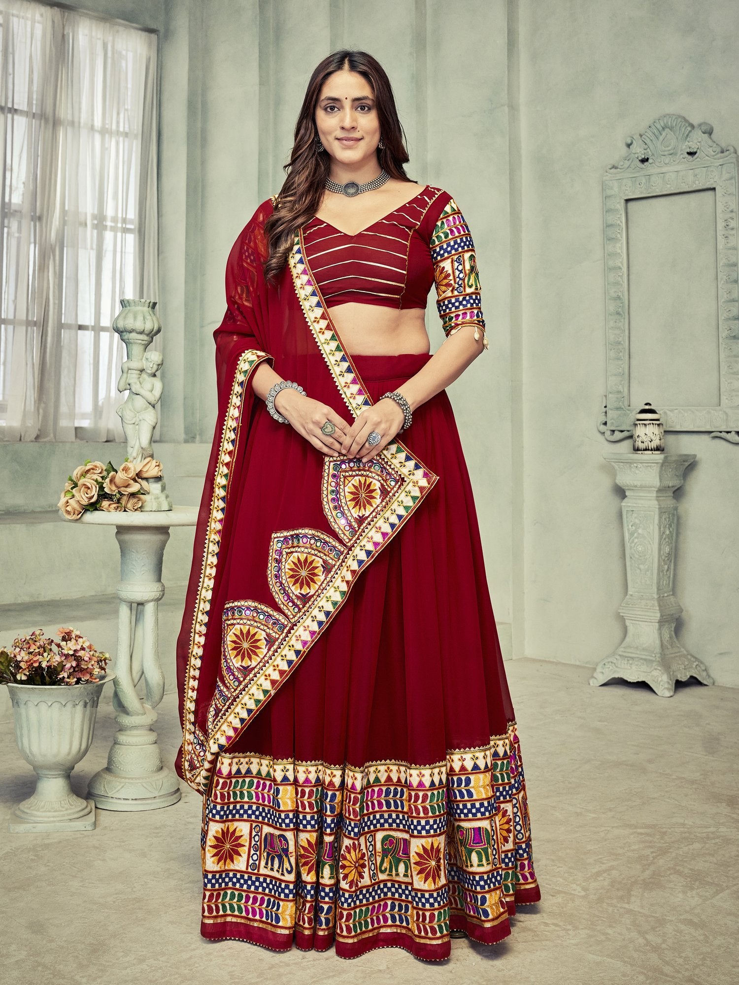 Women's Dark Maroon Georgette Traditional Kutchi Embroidery with Mirror Work Semi Stitched Lehenga Choli With Dupatta (Nav_16_Maroon)
