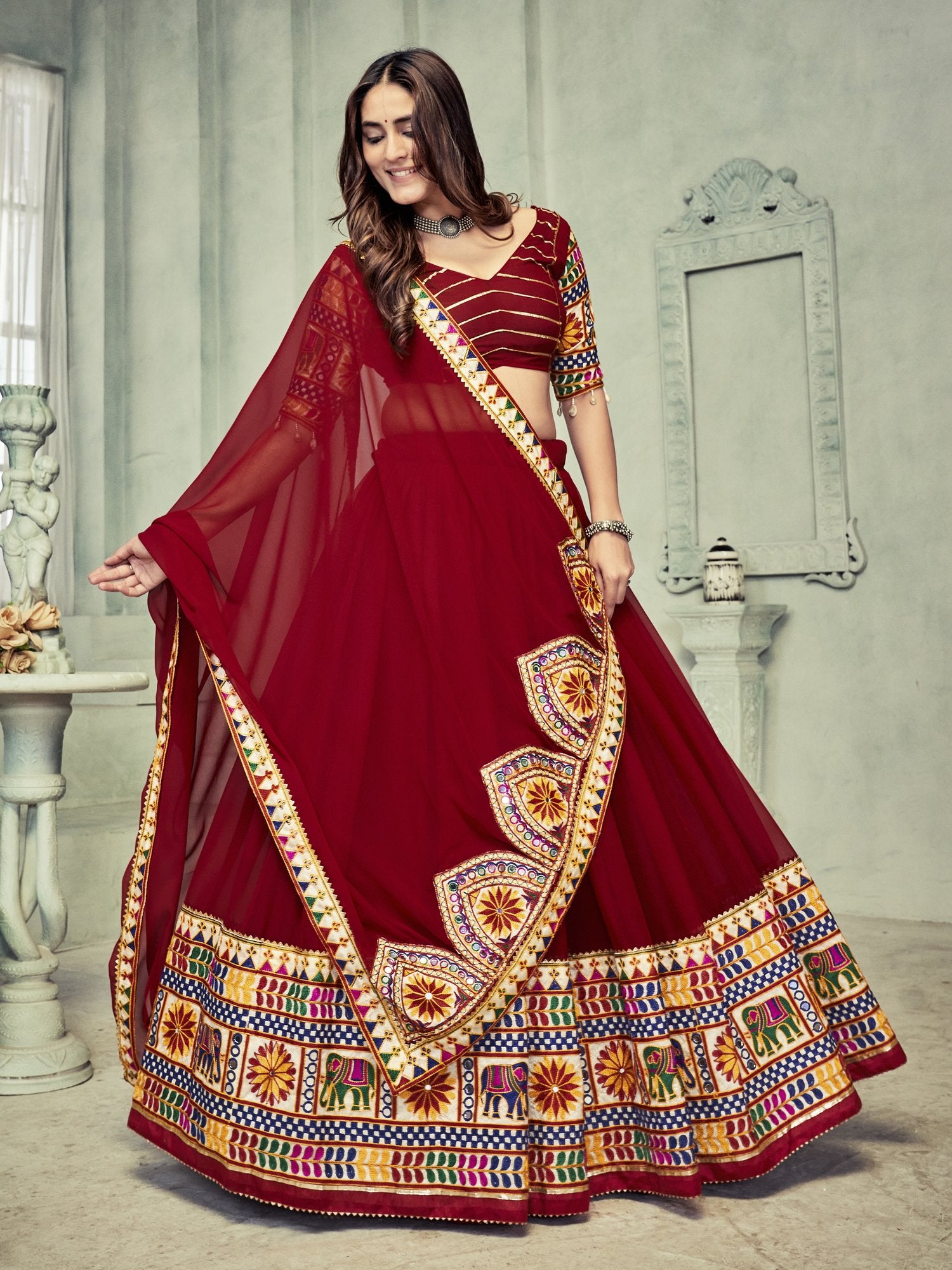 Women's Dark Maroon Georgette Traditional Kutchi Embroidery with Mirror Work Semi Stitched Lehenga Choli With Dupatta (Nav_16_Maroon)
