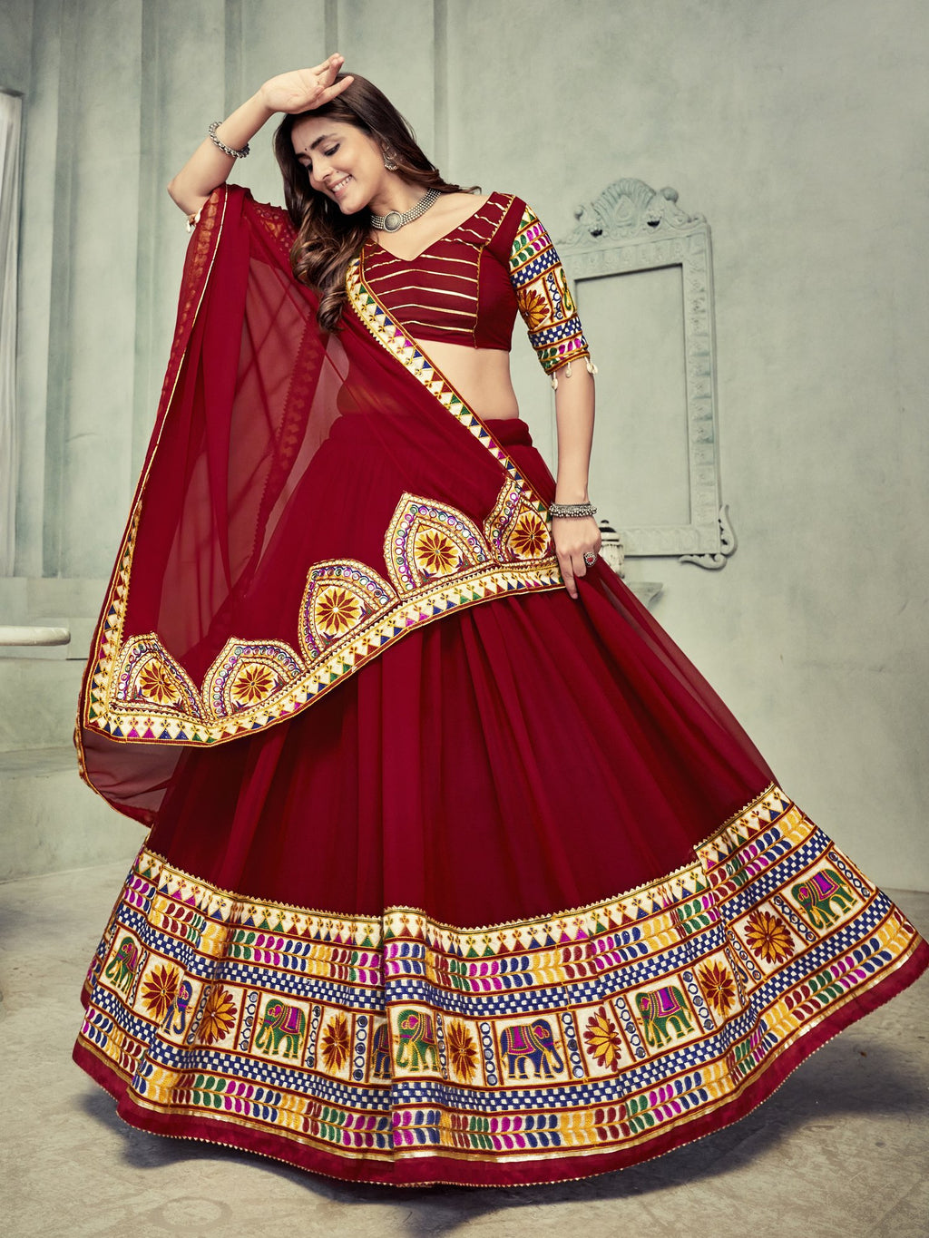 Women's Dark Maroon Georgette Traditional Kutchi Embroidery with Mirror Work Semi Stitched Lehenga Choli With Dupatta (Nav_16_Maroon)