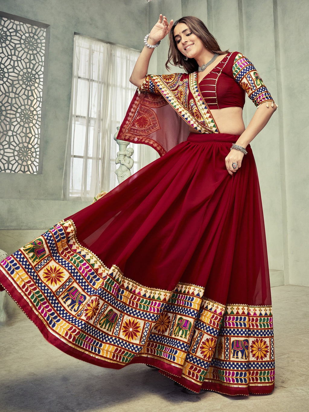 Women's Dark Maroon Georgette Traditional Kutchi Embroidery with Mirror Work Semi Stitched Lehenga Choli With Dupatta (Nav_16_Maroon)