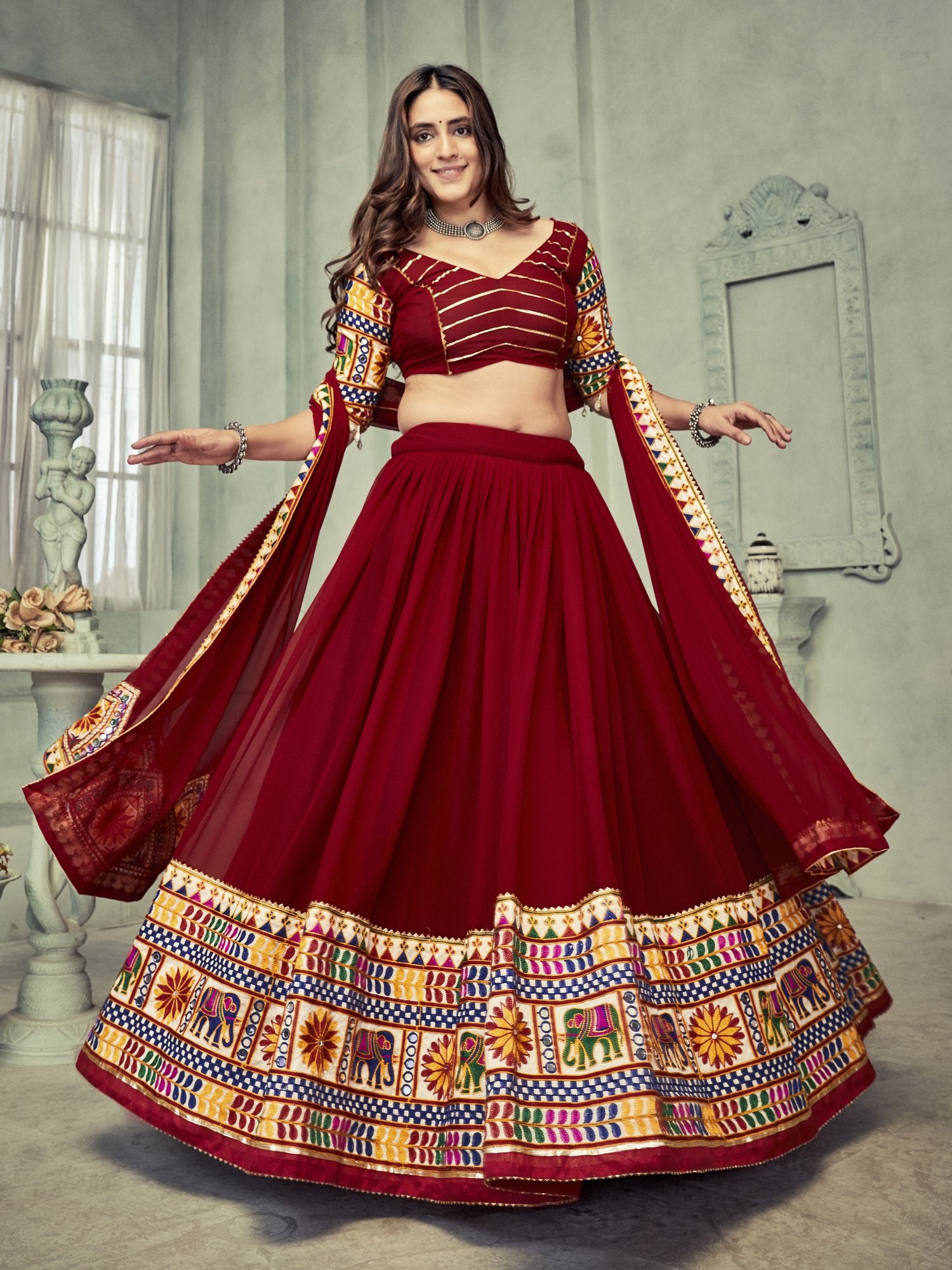 Women's Dark Maroon Georgette Traditional Kutchi Embroidery with Mirror Work Semi Stitched Lehenga Choli With Dupatta (Nav_16_Maroon)