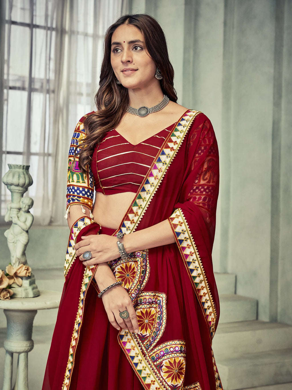 Women's Dark Maroon Georgette Traditional Kutchi Embroidery with Mirror Work Semi Stitched Lehenga Choli With Dupatta (Nav_16_Maroon)