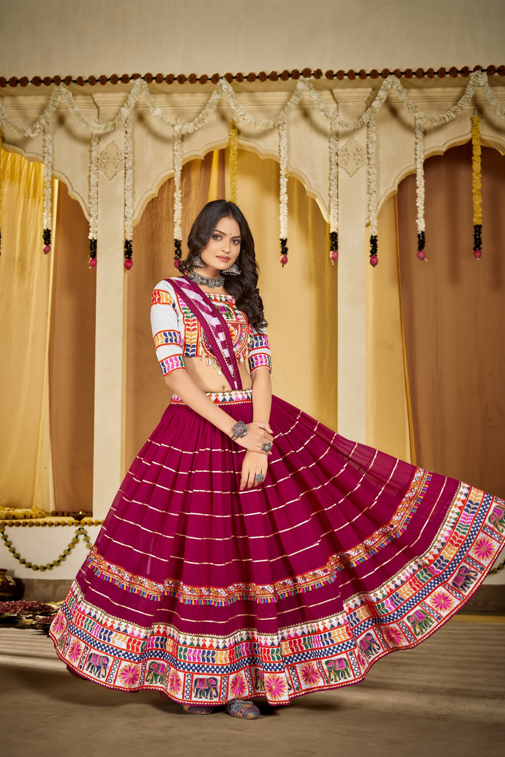 Women's Pink Georgette Traditional Kutchi Embroidery with Mirror Work Semi Stitched Lehenga Choli With Dupatta (Nav_17_Pink)