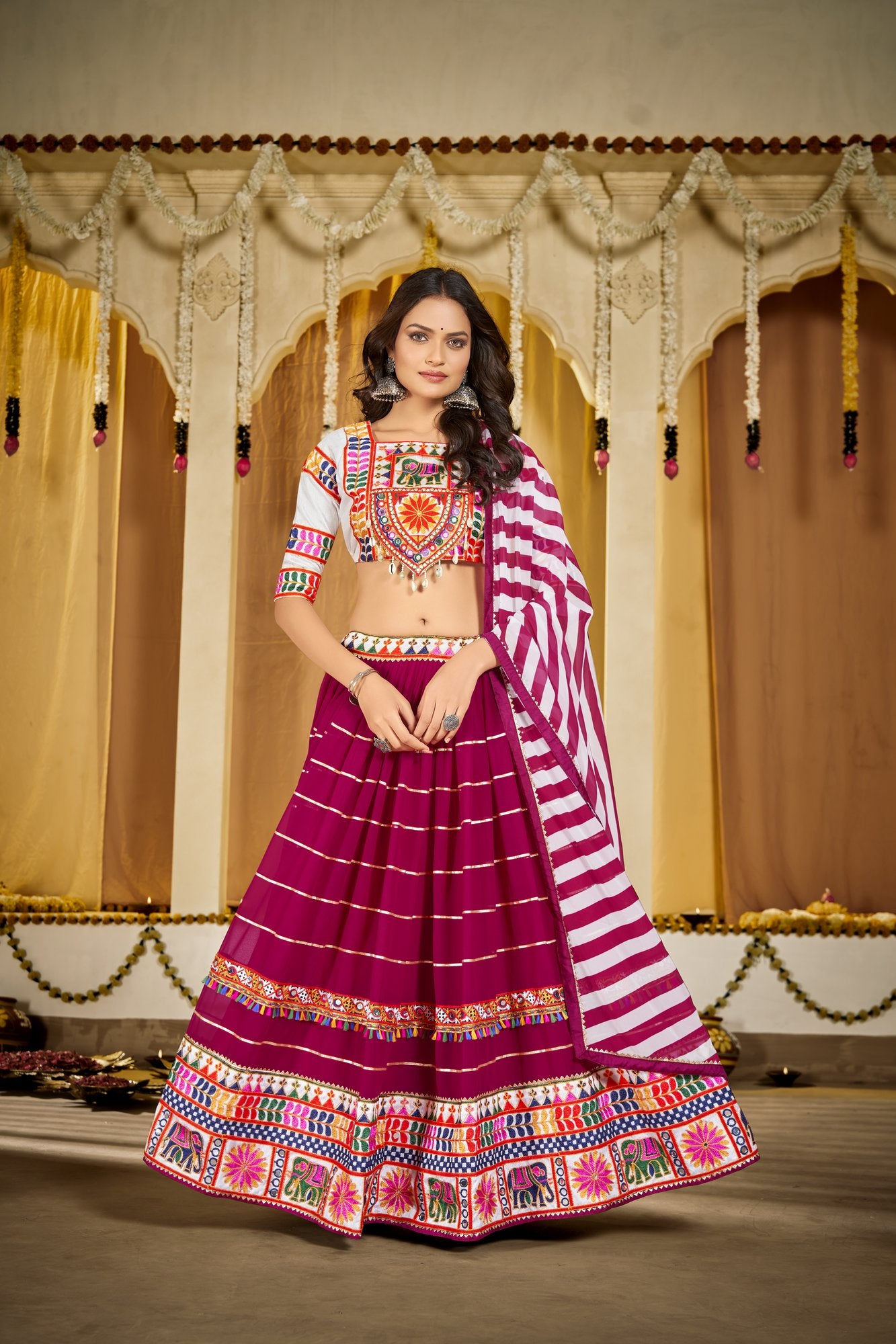 Women's Pink Georgette Traditional Kutchi Embroidery with Mirror Work Semi Stitched Lehenga Choli With Dupatta (Nav_17_Pink)
