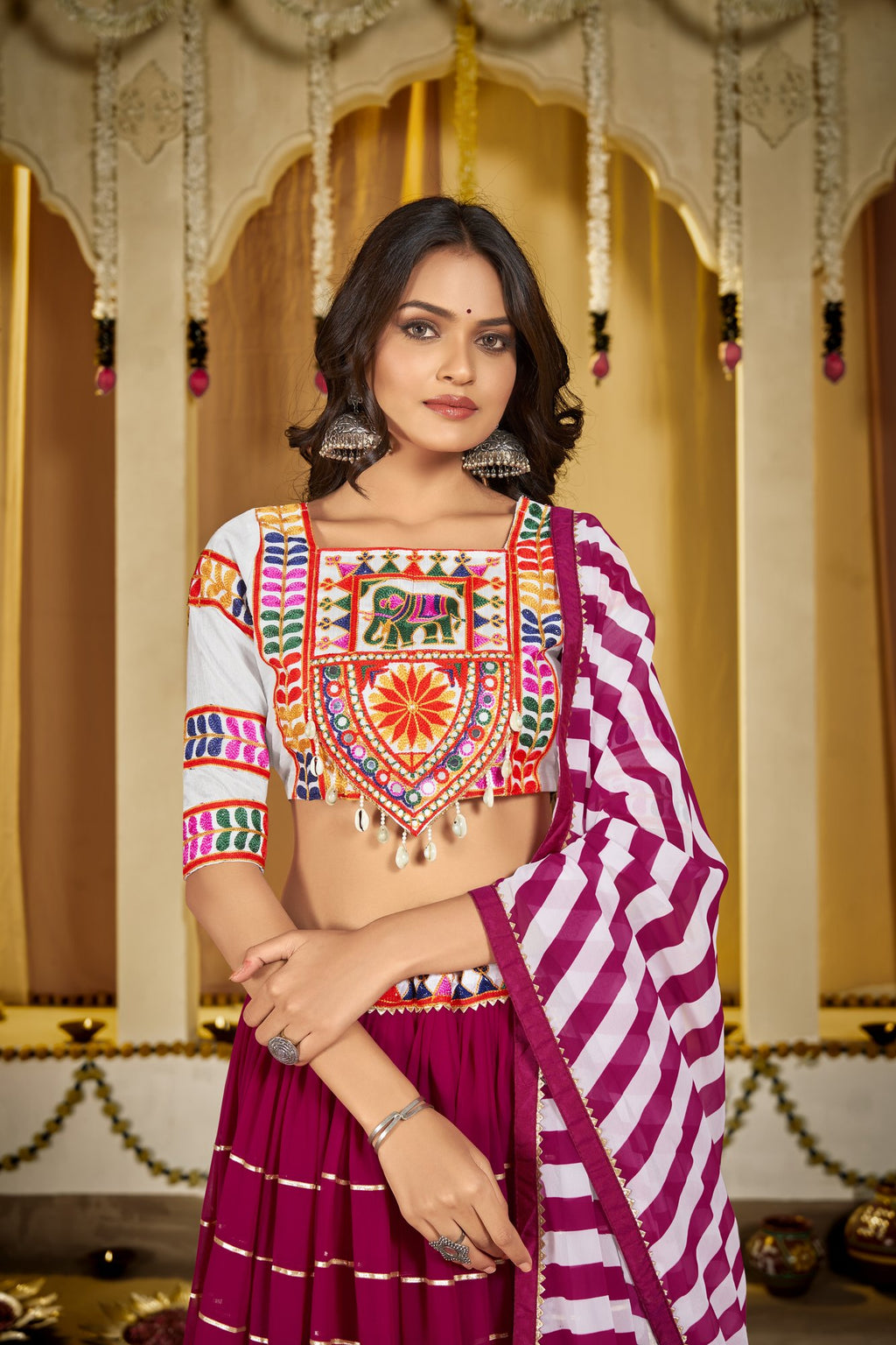 Women's Pink Georgette Traditional Kutchi Embroidery with Mirror Work Semi Stitched Lehenga Choli With Dupatta (Nav_17_Pink)