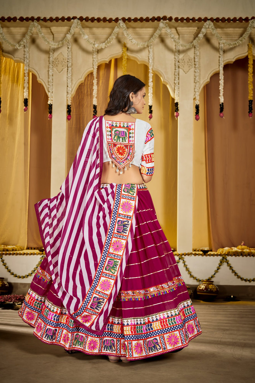 Women's Pink Georgette Traditional Kutchi Embroidery with Mirror Work Semi Stitched Lehenga Choli With Dupatta (Nav_17_Pink)