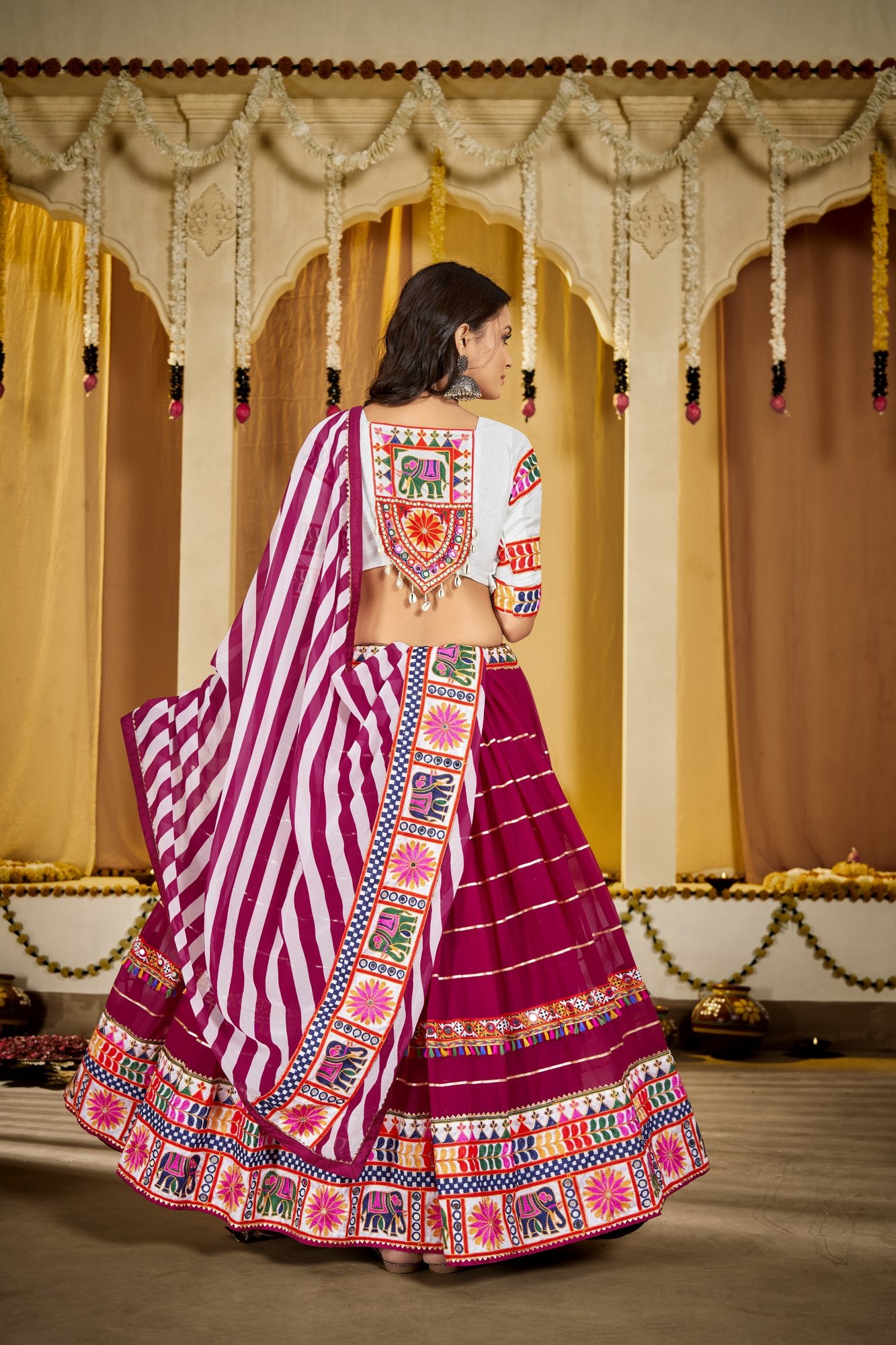 Women's Pink Georgette Traditional Kutchi Embroidery with Mirror Work Semi Stitched Lehenga Choli With Dupatta (Nav_17_Pink)