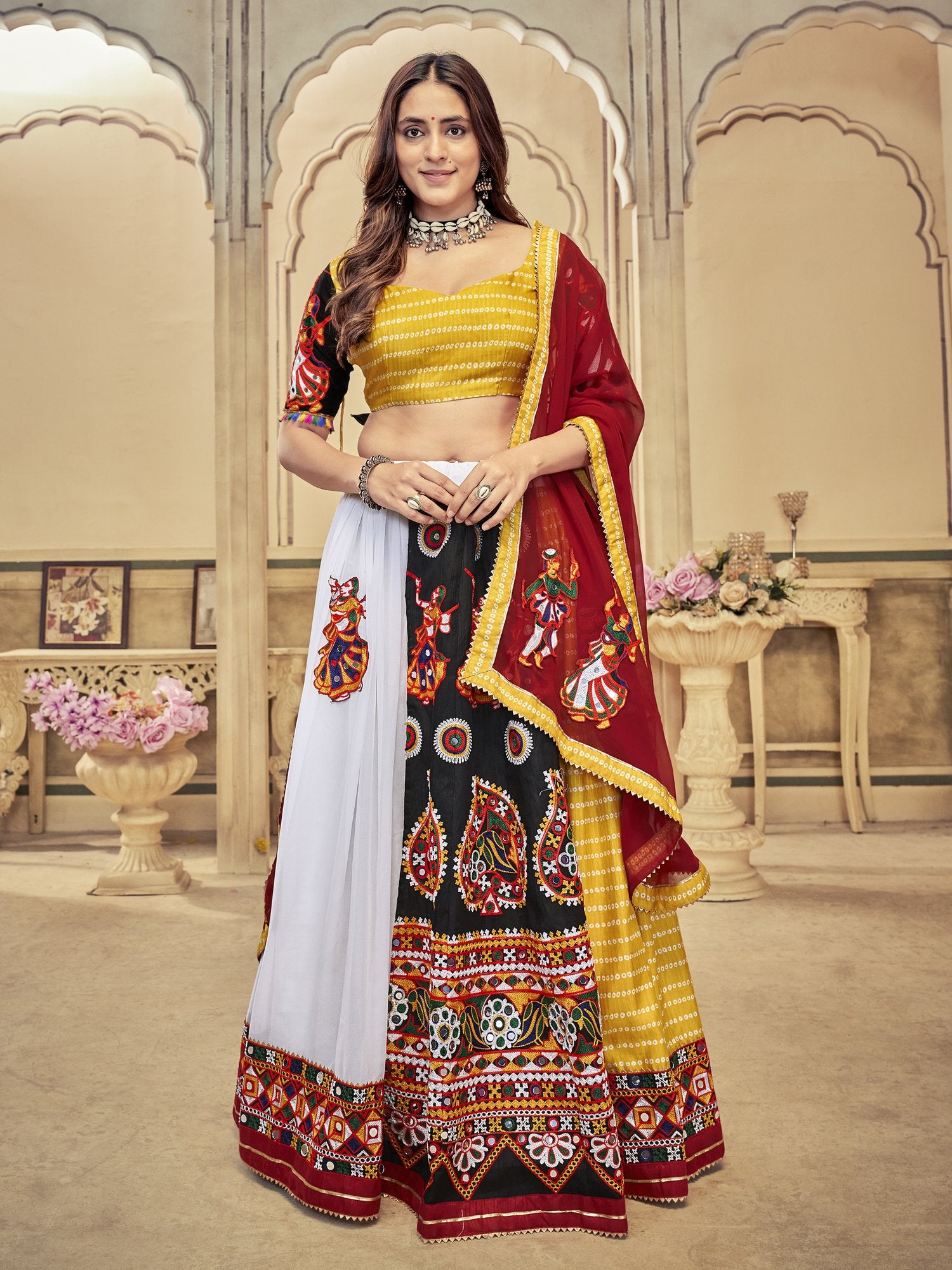 Women's White & Yellow Georgette, Cotton Silk ,Mono Silk Traditional Kutchi Embroidery with Mirror Work Semi Stitched Lehenga Choli With Dupatta (Nav_18_Yellow)