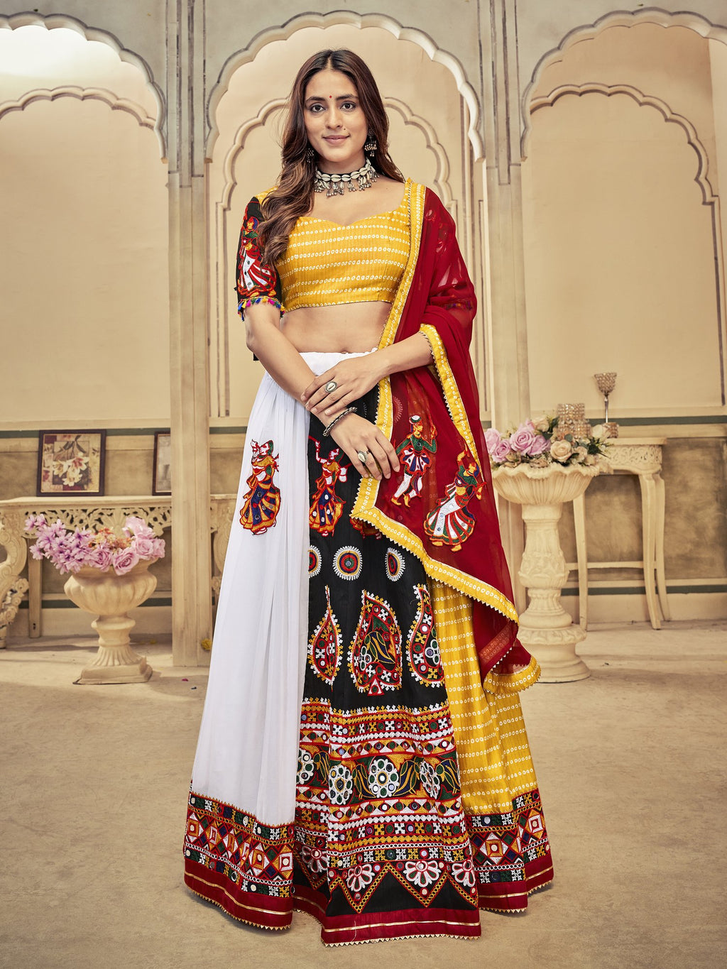 Women's White & Yellow Georgette, Cotton Silk ,Mono Silk Traditional Kutchi Embroidery with Mirror Work Semi Stitched Lehenga Choli With Dupatta (Nav_18_Yellow)