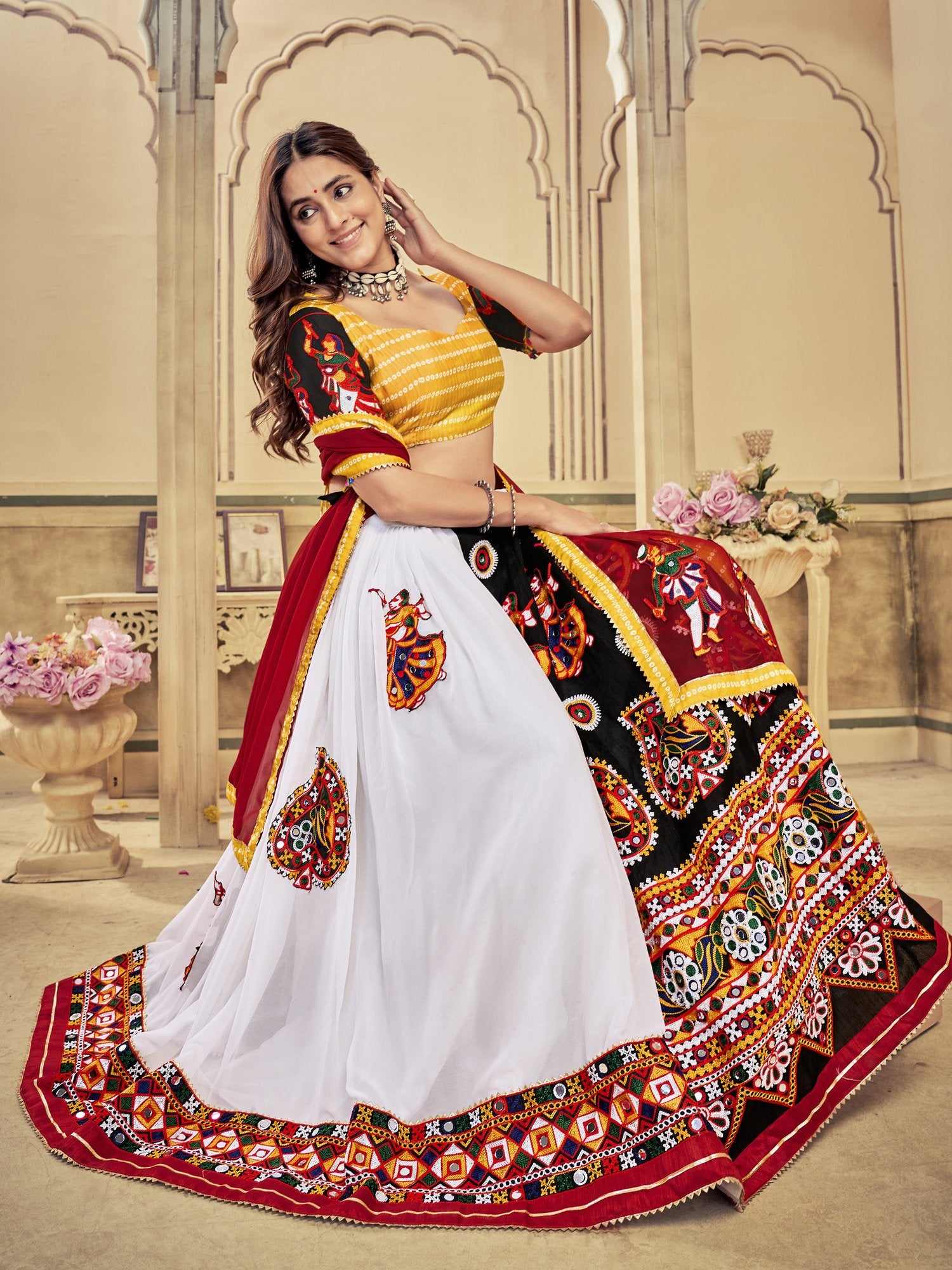 Women's White & Yellow Georgette, Cotton Silk ,Mono Silk Traditional Kutchi Embroidery with Mirror Work Semi Stitched Lehenga Choli With Dupatta (Nav_18_Yellow)