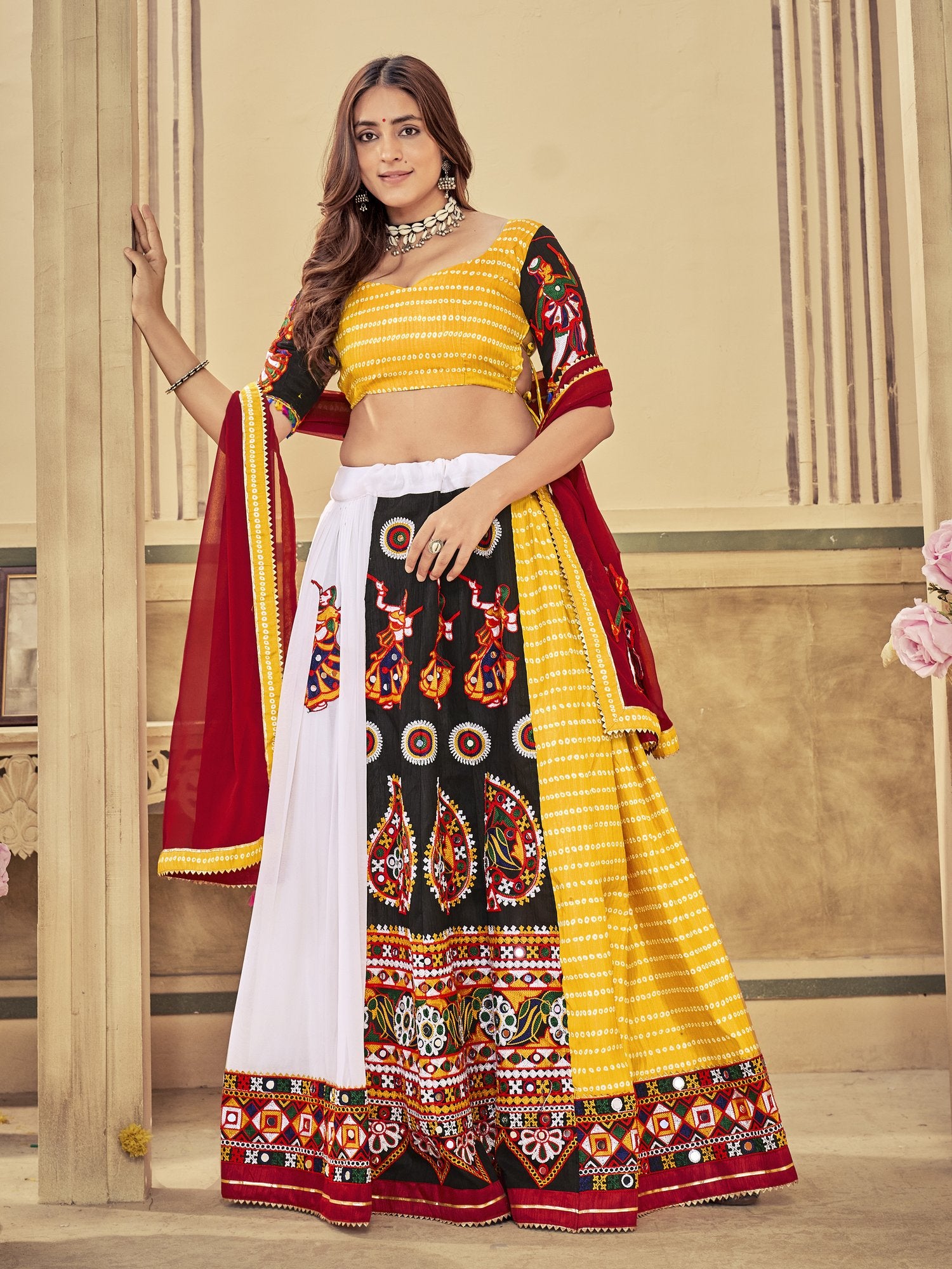 Women's White & Yellow Georgette, Cotton Silk ,Mono Silk Traditional Kutchi Embroidery with Mirror Work Semi Stitched Lehenga Choli With Dupatta (Nav_18_Yellow)
