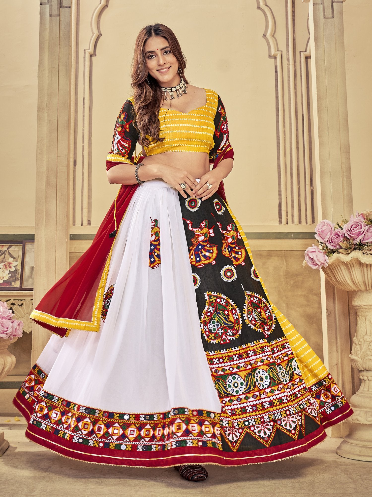 Women's White & Yellow Georgette, Cotton Silk ,Mono Silk Traditional Kutchi Embroidery with Mirror Work Semi Stitched Lehenga Choli With Dupatta (Nav_18_Yellow)
