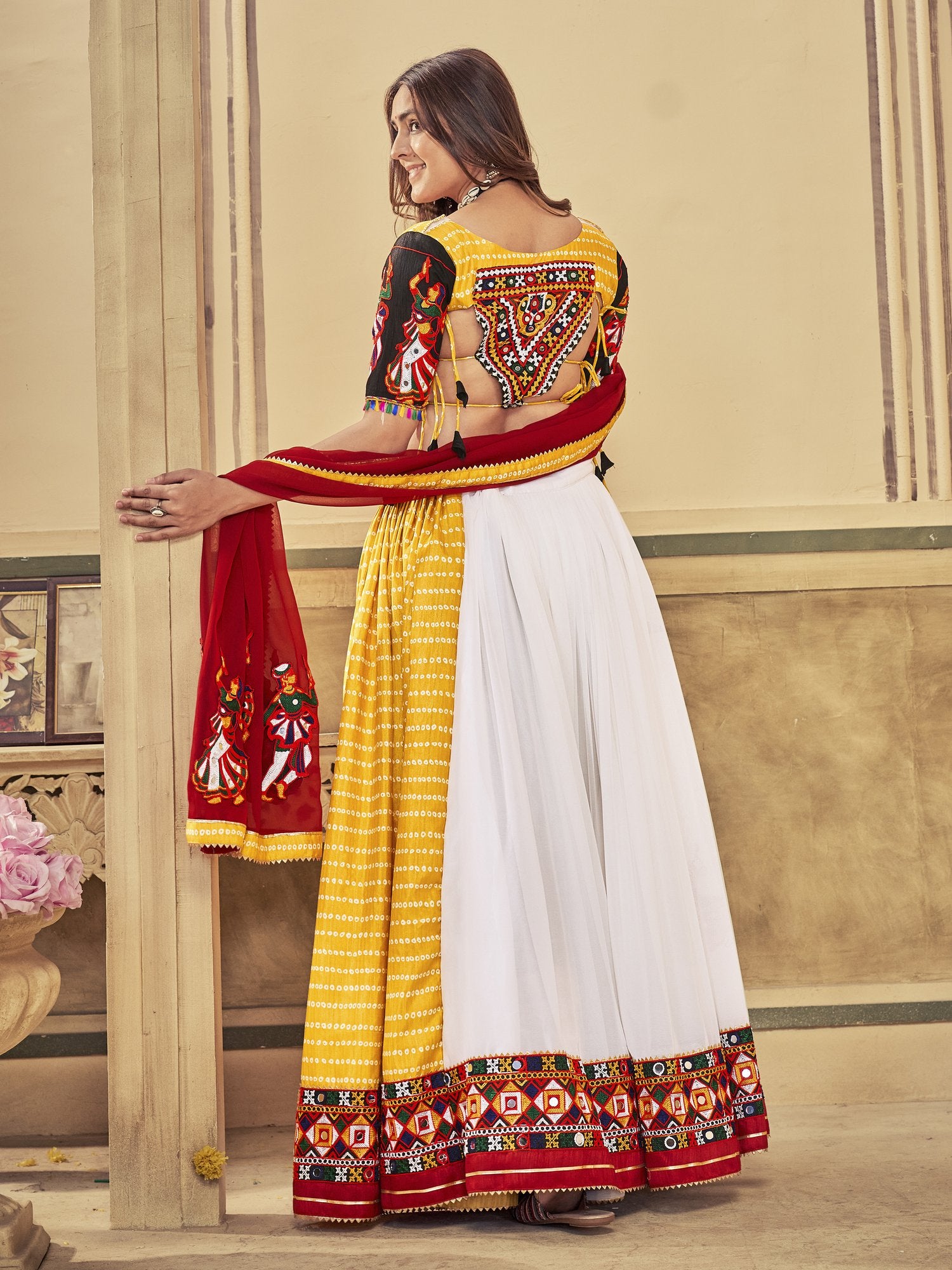 Women's White & Yellow Georgette, Cotton Silk ,Mono Silk Traditional Kutchi Embroidery with Mirror Work Semi Stitched Lehenga Choli With Dupatta (Nav_18_Yellow)