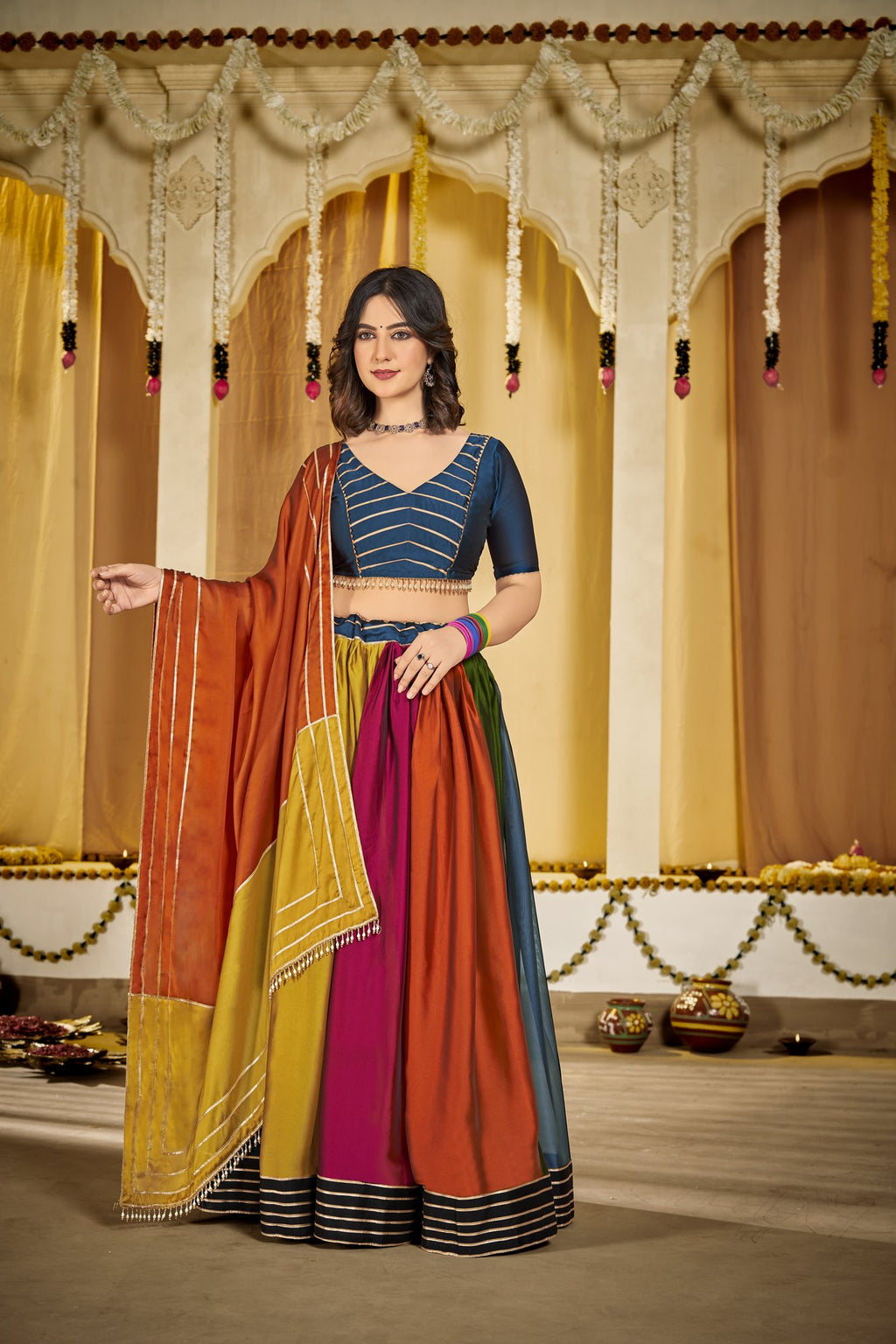 Women's Multi Colour Rangoli Silk Traditional Kutchi Embroidery with Mirror Work Semi Stitched Lehenga Choli With Dupatta (Nav_19_Multi)