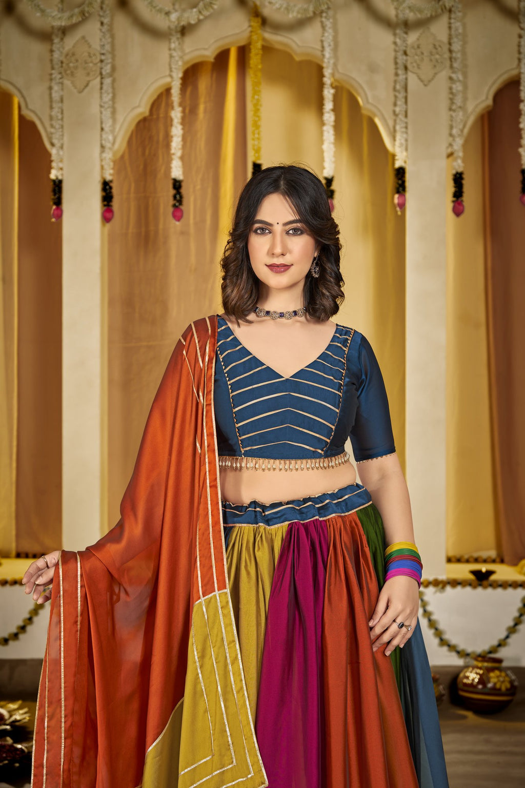 Women's Multi Colour Rangoli Silk Traditional Kutchi Embroidery with Mirror Work Semi Stitched Lehenga Choli With Dupatta (Nav_19_Multi)