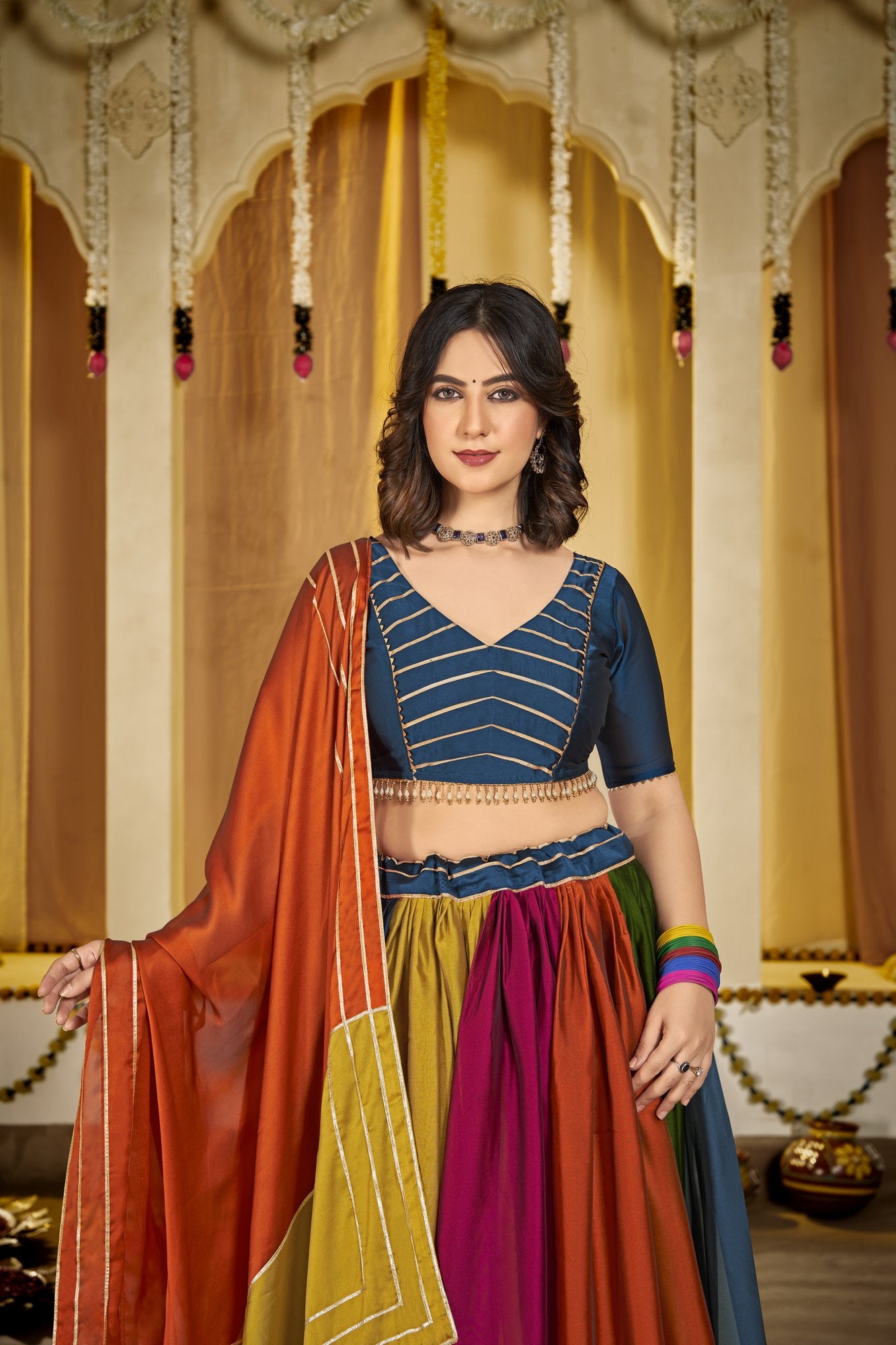 Women's Multi Colour Rangoli Silk Traditional Kutchi Embroidery with Mirror Work Semi Stitched Lehenga Choli With Dupatta (Nav_19_Multi)