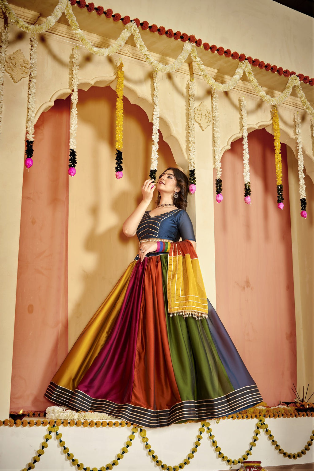 Women's Multi Colour Rangoli Silk Traditional Kutchi Embroidery with Mirror Work Semi Stitched Lehenga Choli With Dupatta (Nav_19_Multi)