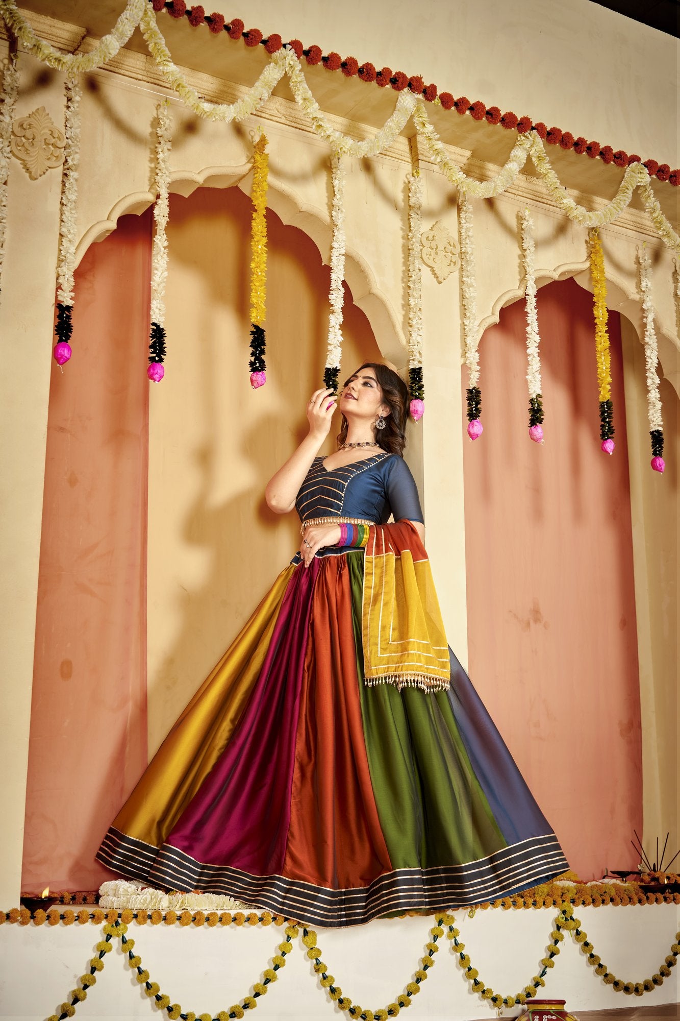 Women's Multi Colour Rangoli Silk Traditional Kutchi Embroidery with Mirror Work Semi Stitched Lehenga Choli With Dupatta (Nav_19_Multi)