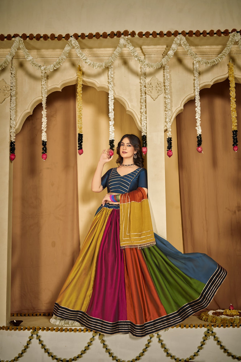 Women's Multi Colour Rangoli Silk Traditional Kutchi Embroidery with Mirror Work Semi Stitched Lehenga Choli With Dupatta (Nav_19_Multi)