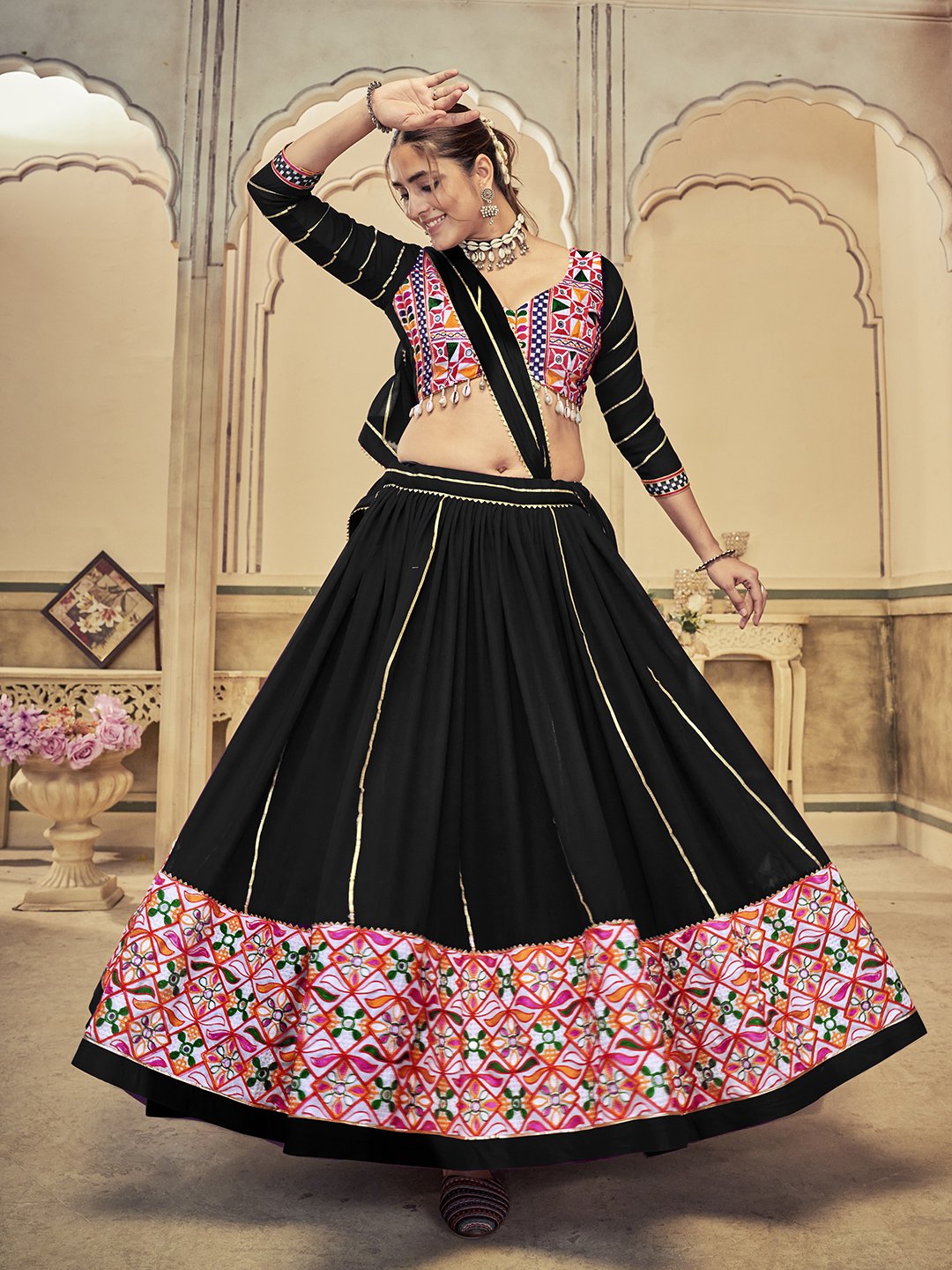 Women's Black Georgette Traditional Kutchi Embroidery with Mirror Work Semi Stitched Lehenga Choli With Dupatta (Nav_20_Black)