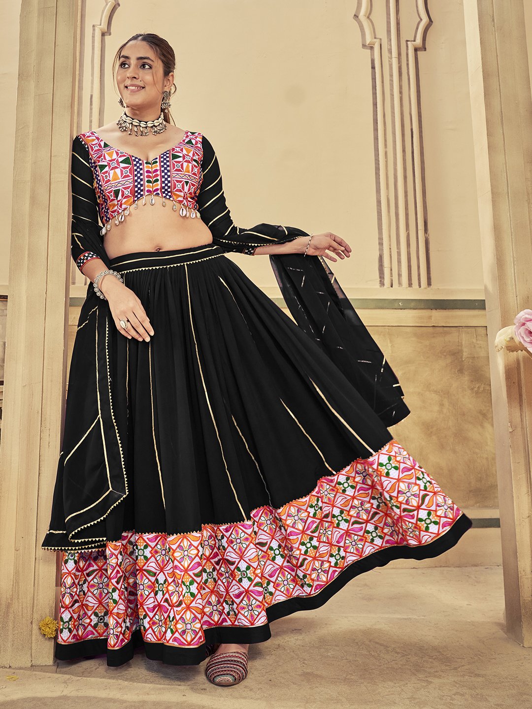 Women's Black Georgette Traditional Kutchi Embroidery with Mirror Work Semi Stitched Lehenga Choli With Dupatta (Nav_20_Black)
