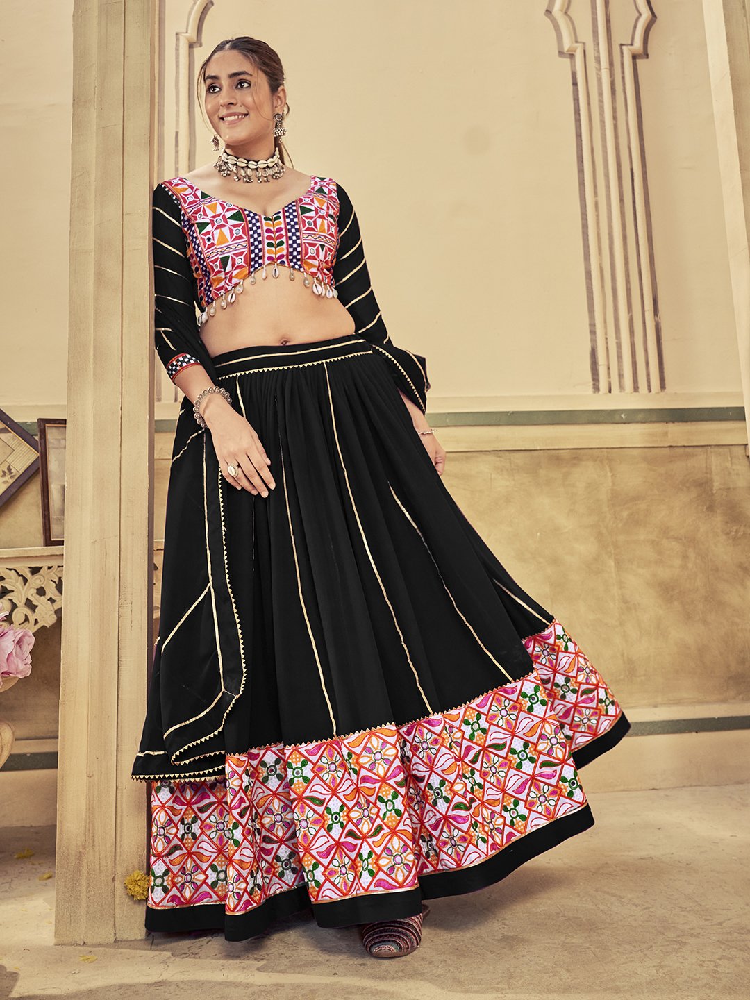 Women's Black Georgette Traditional Kutchi Embroidery with Mirror Work Semi Stitched Lehenga Choli With Dupatta (Nav_20_Black)