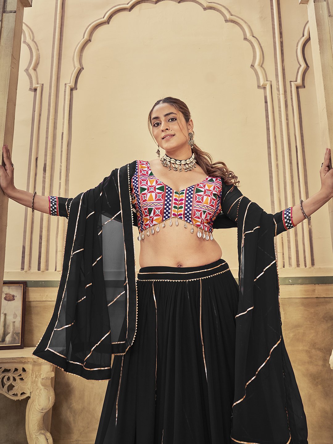 Women's Black Georgette Traditional Kutchi Embroidery with Mirror Work Semi Stitched Lehenga Choli With Dupatta (Nav_20_Black)