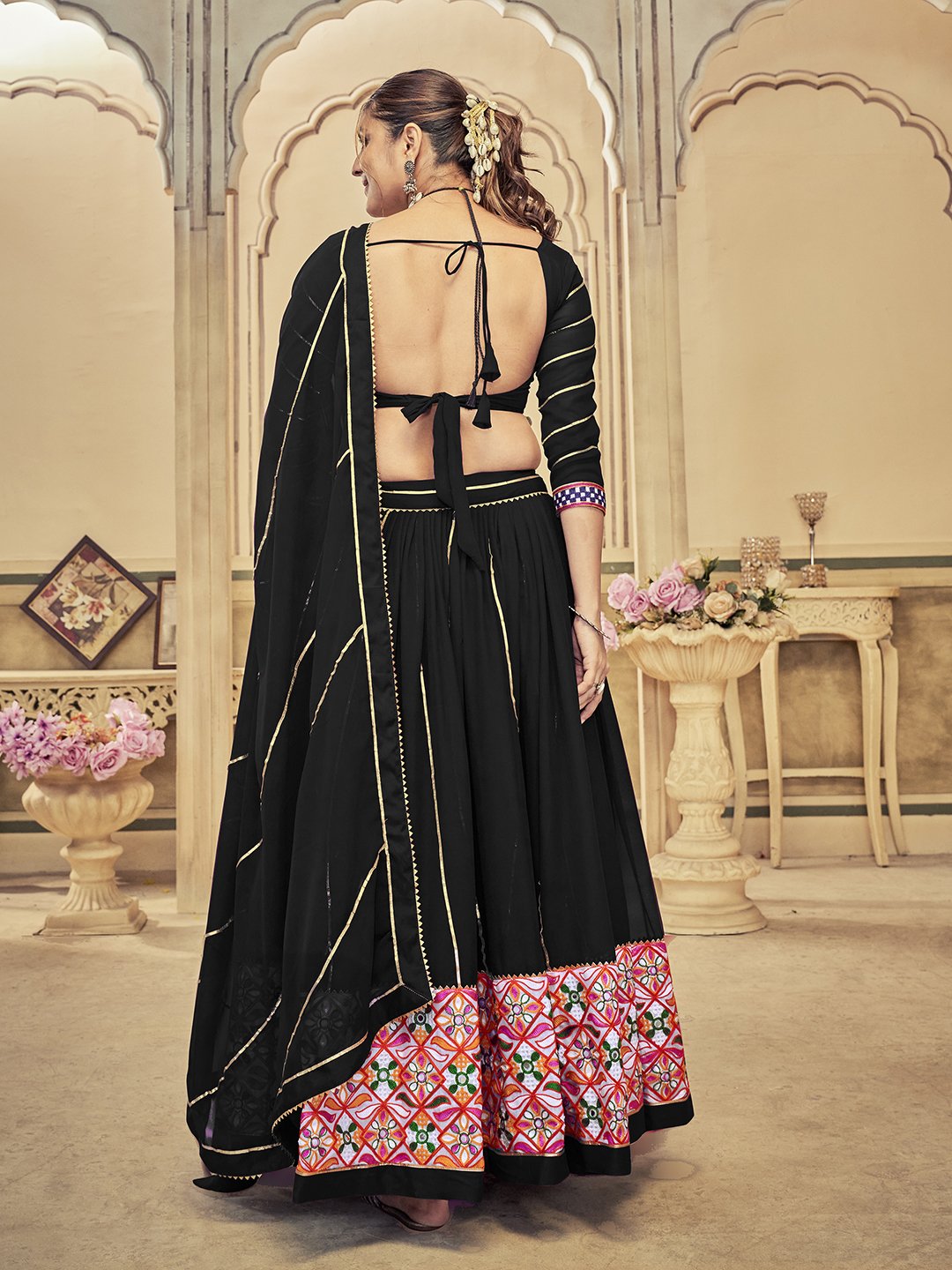 Women's Black Georgette Traditional Kutchi Embroidery with Mirror Work Semi Stitched Lehenga Choli With Dupatta (Nav_20_Black)