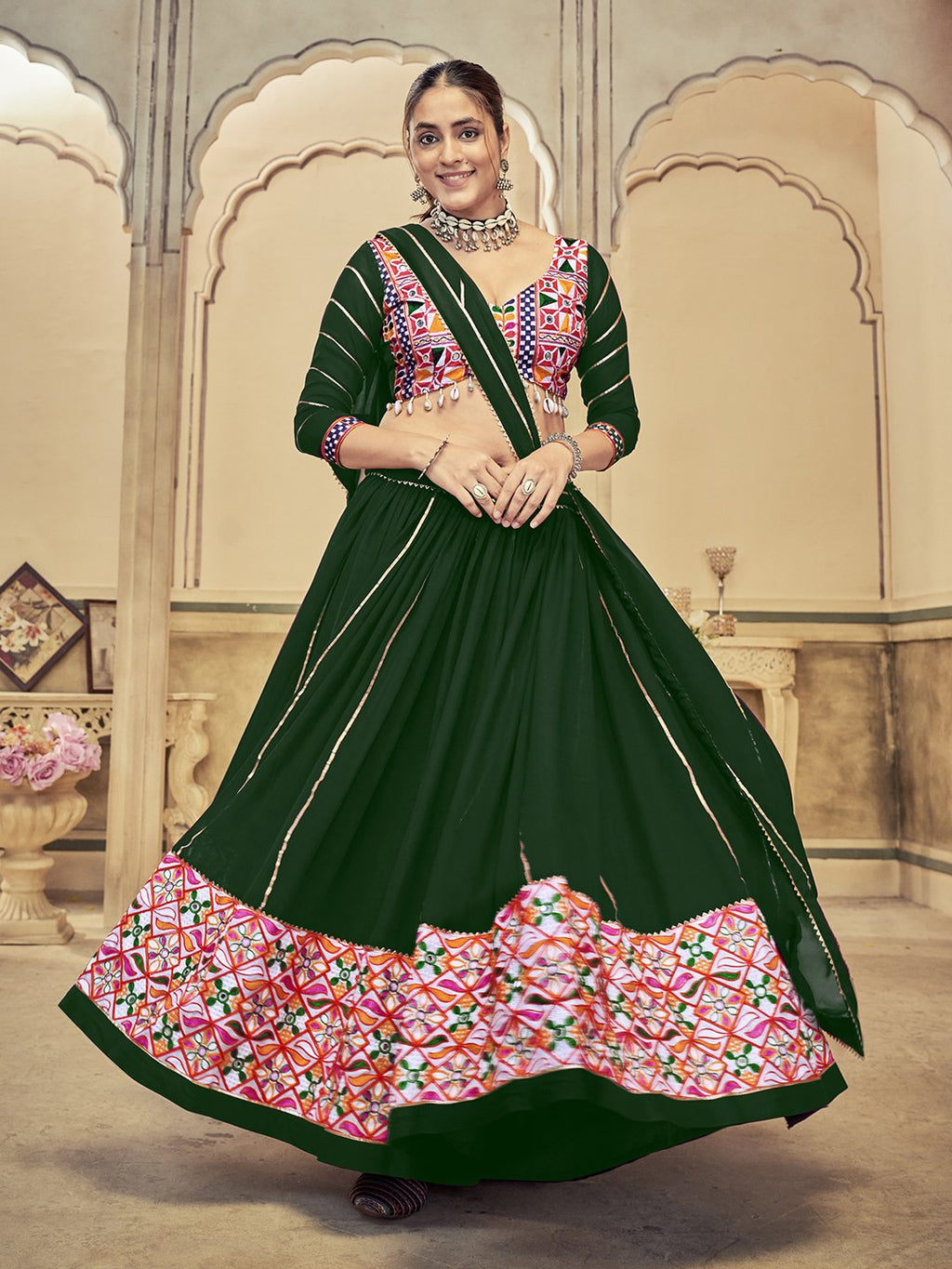 Women's Green Georgette Traditional Kutchi Embroidery with Mirror Work Semi Stitched Lehenga Choli With Dupatta (Nav_20_Green)