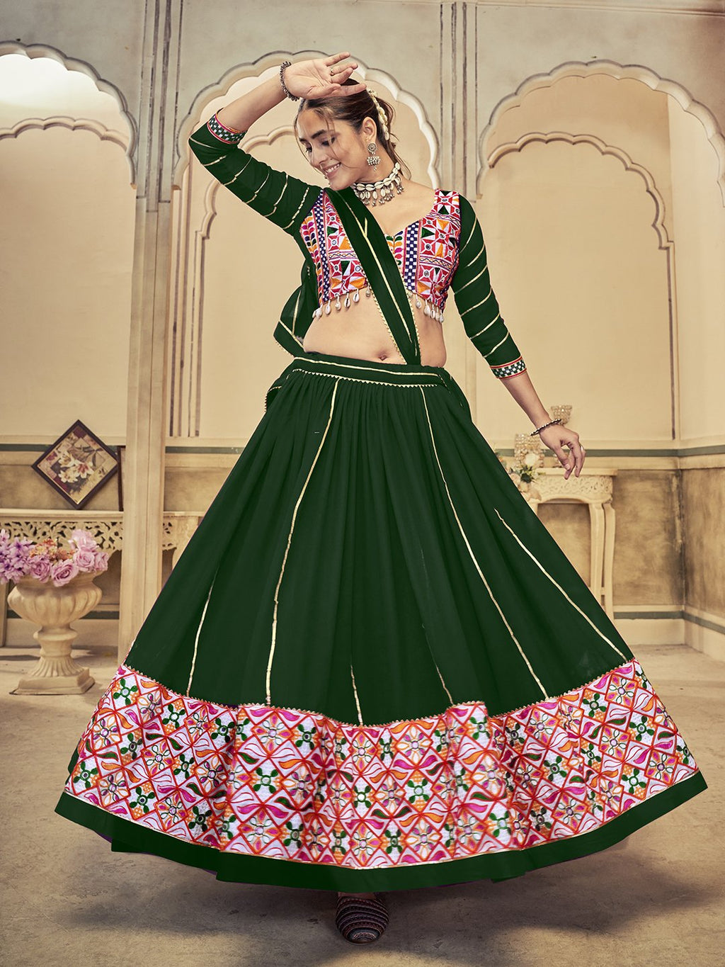 Women's Green Georgette Traditional Kutchi Embroidery with Mirror Work Semi Stitched Lehenga Choli With Dupatta (Nav_20_Green)