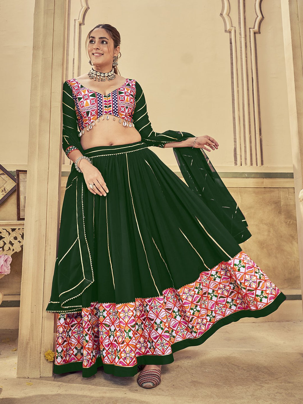 Women's Green Georgette Traditional Kutchi Embroidery with Mirror Work Semi Stitched Lehenga Choli With Dupatta (Nav_20_Green)