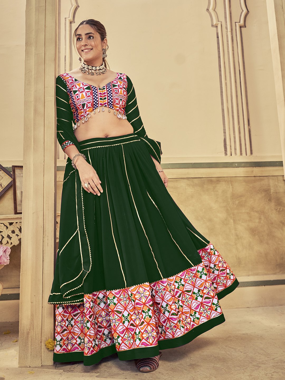 Women's Green Georgette Traditional Kutchi Embroidery with Mirror Work Semi Stitched Lehenga Choli With Dupatta (Nav_20_Green)