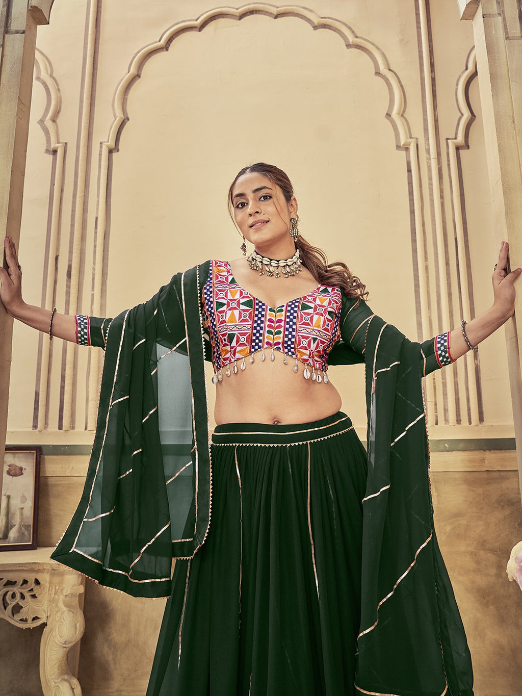 Women's Green Georgette Traditional Kutchi Embroidery with Mirror Work Semi Stitched Lehenga Choli With Dupatta (Nav_20_Green)