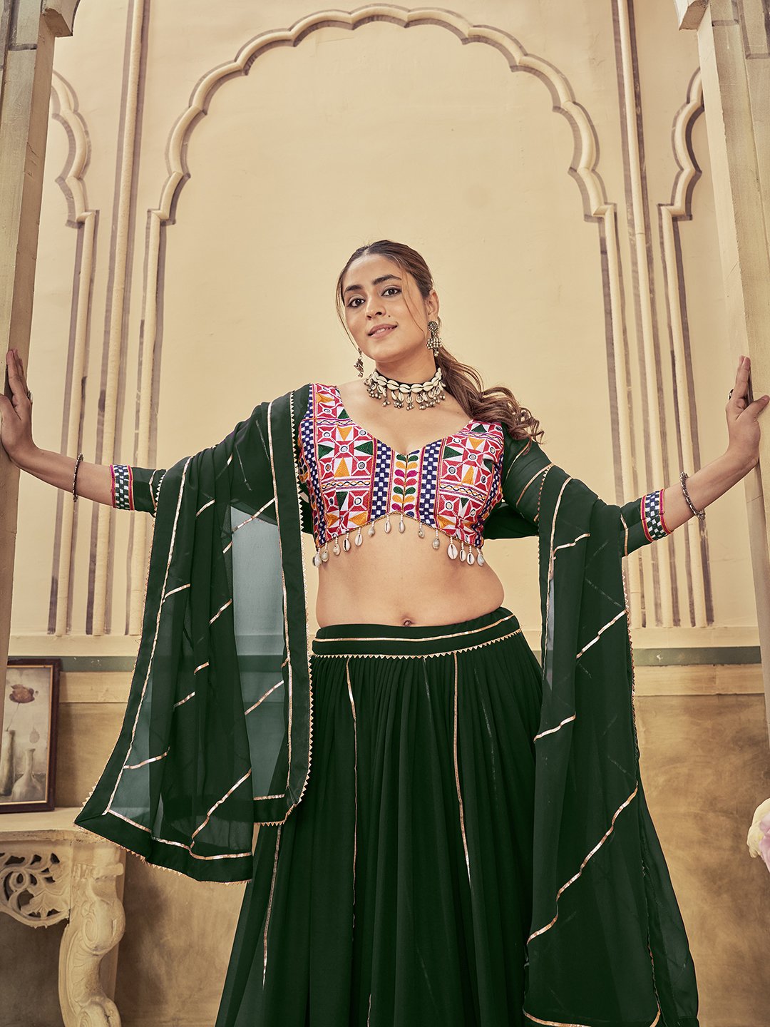 Women's Green Georgette Traditional Kutchi Embroidery with Mirror Work Semi Stitched Lehenga Choli With Dupatta (Nav_20_Green)