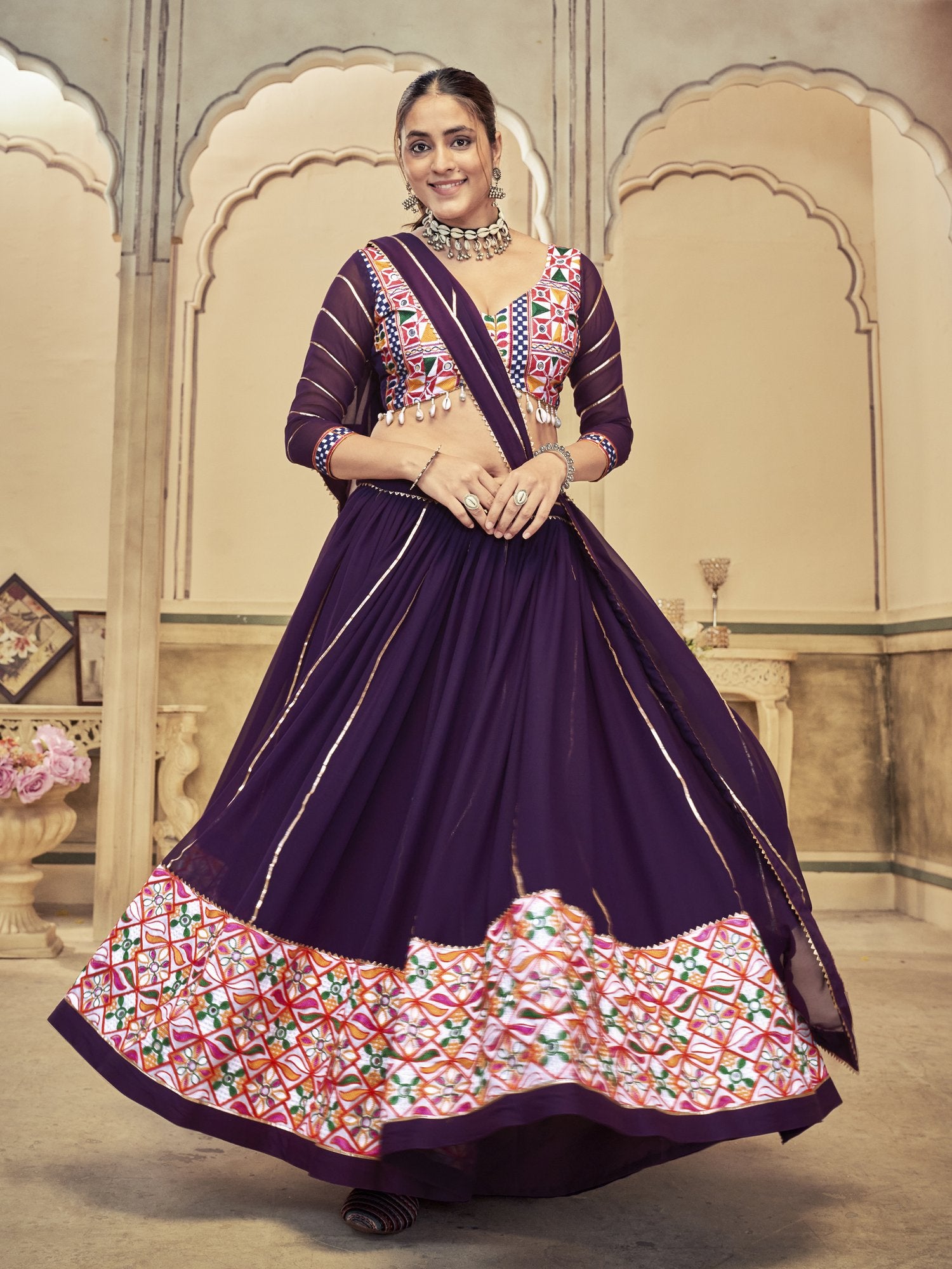 Women's Purple Georgette Traditional Kutchi Embroidery with Mirror Work Semi Stitched Lehenga Choli With Dupatta (Nav_20_Purple)
