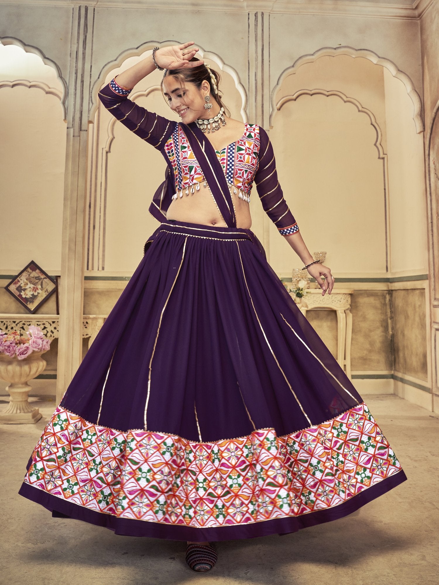 Women's Purple Georgette Traditional Kutchi Embroidery with Mirror Work Semi Stitched Lehenga Choli With Dupatta (Nav_20_Purple)