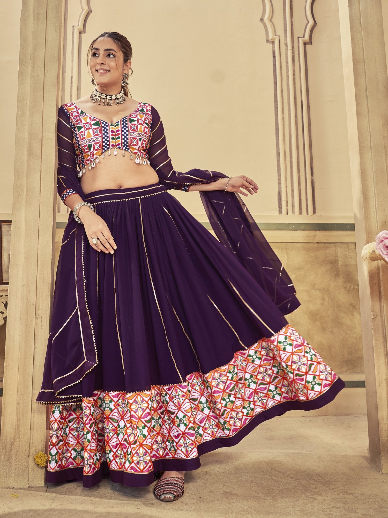 Women's Purple Georgette Traditional Kutchi Embroidery with Mirror Work Semi Stitched Lehenga Choli With Dupatta (Nav_20_Purple)