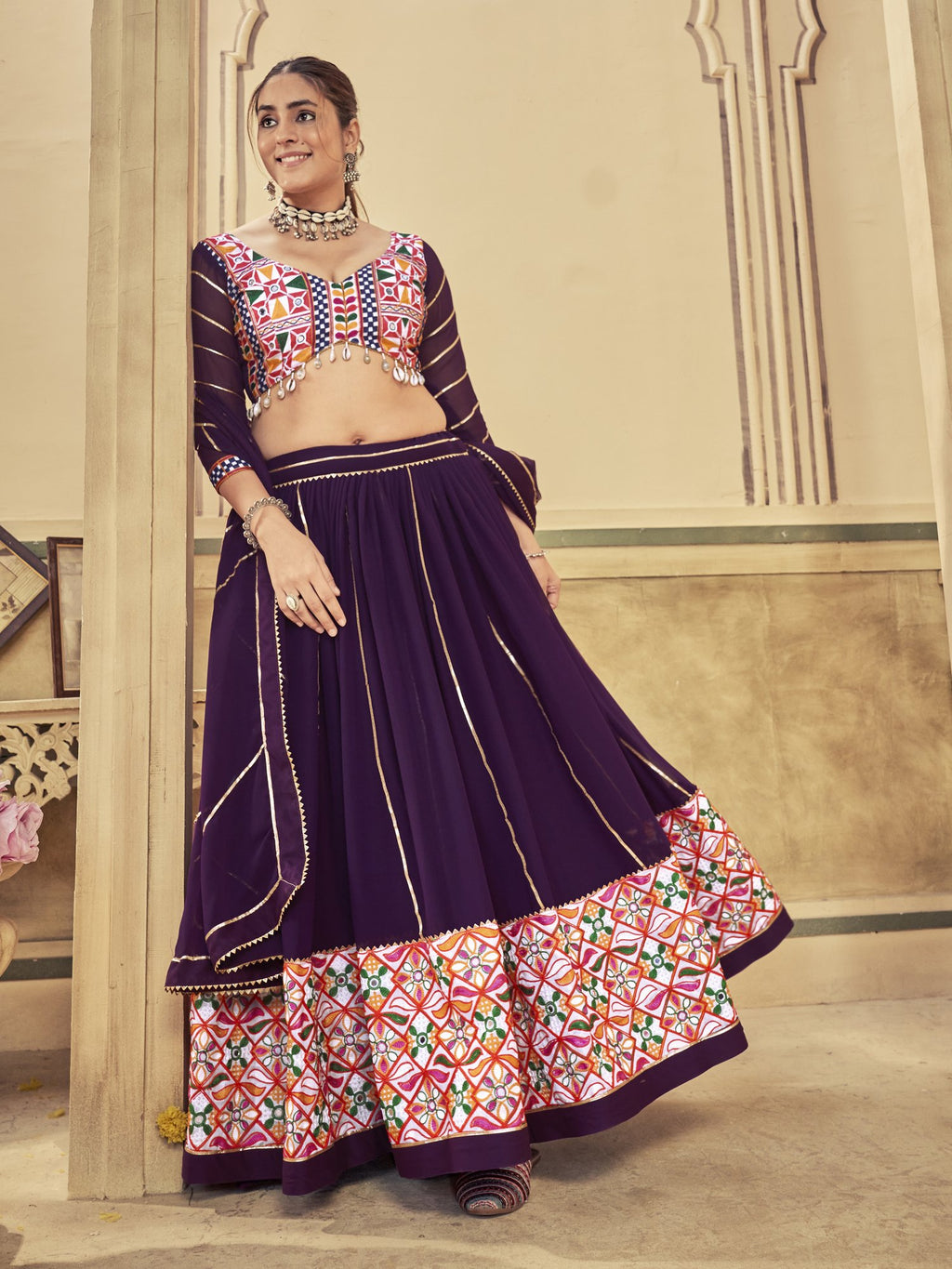 Women's Purple Georgette Traditional Kutchi Embroidery with Mirror Work Semi Stitched Lehenga Choli With Dupatta (Nav_20_Purple)