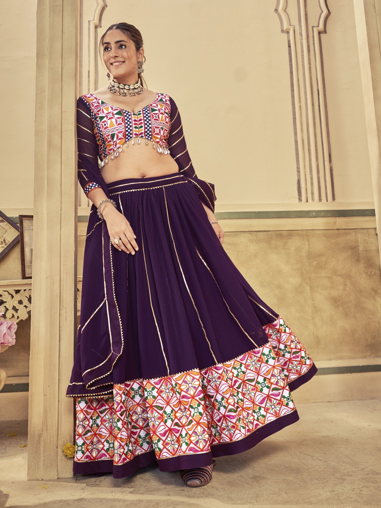 Women's Purple Georgette Traditional Kutchi Embroidery with Mirror Work Semi Stitched Lehenga Choli With Dupatta (Nav_20_Purple)