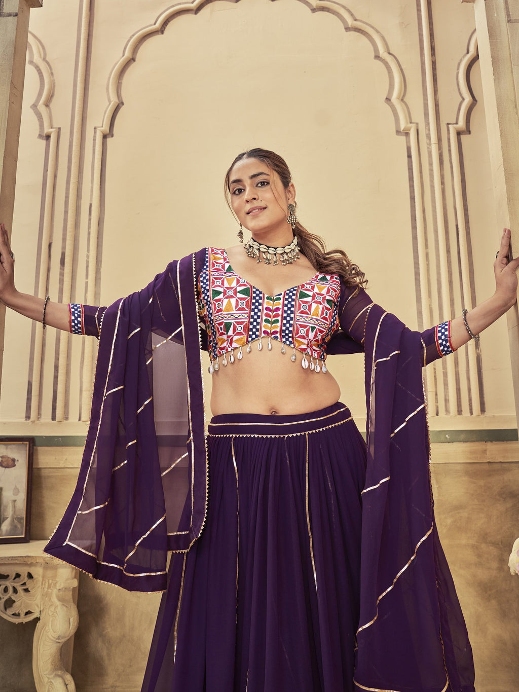 Women's Purple Georgette Traditional Kutchi Embroidery with Mirror Work Semi Stitched Lehenga Choli With Dupatta (Nav_20_Purple)