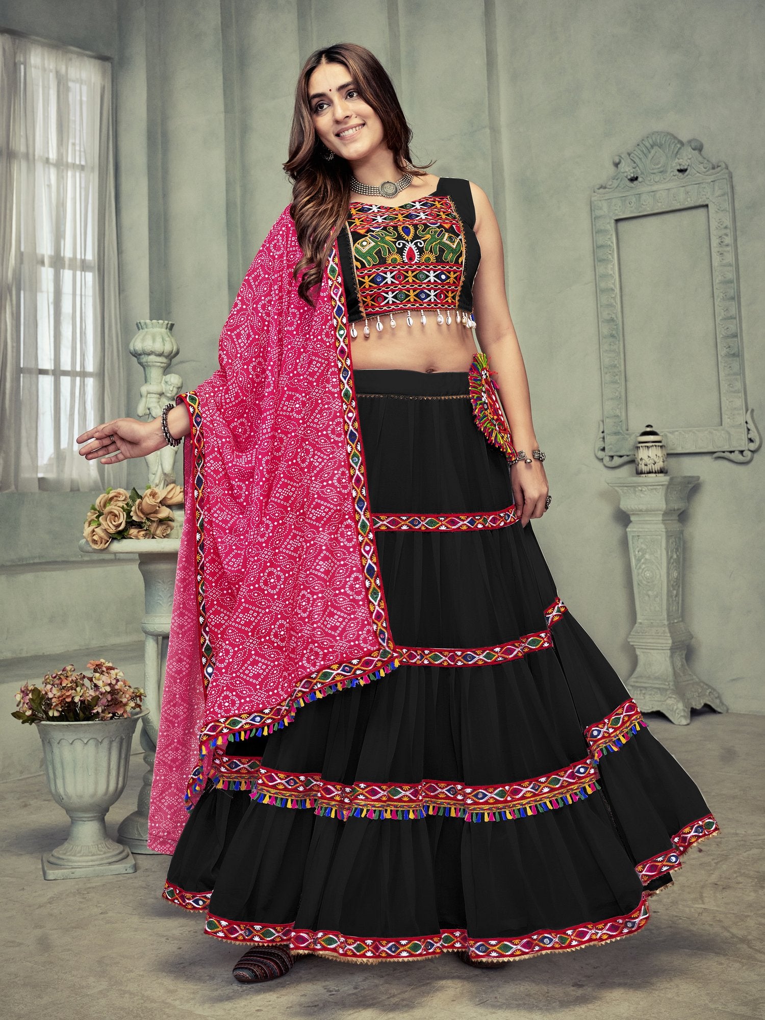 Women's Black Georgette Traditional Kutchi Embroidery with Mirror Work Semi Stitched Lehenga Choli With Dupatta (Nav_21_Black)