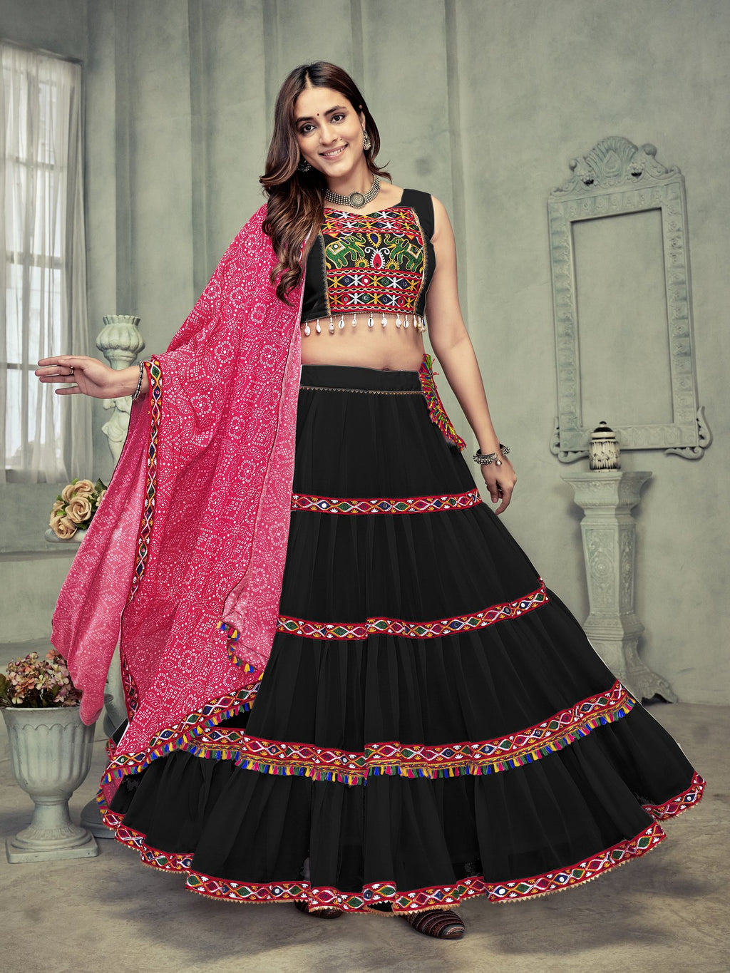 Women's Black Georgette Traditional Kutchi Embroidery with Mirror Work Semi Stitched Lehenga Choli With Dupatta (Nav_21_Black)