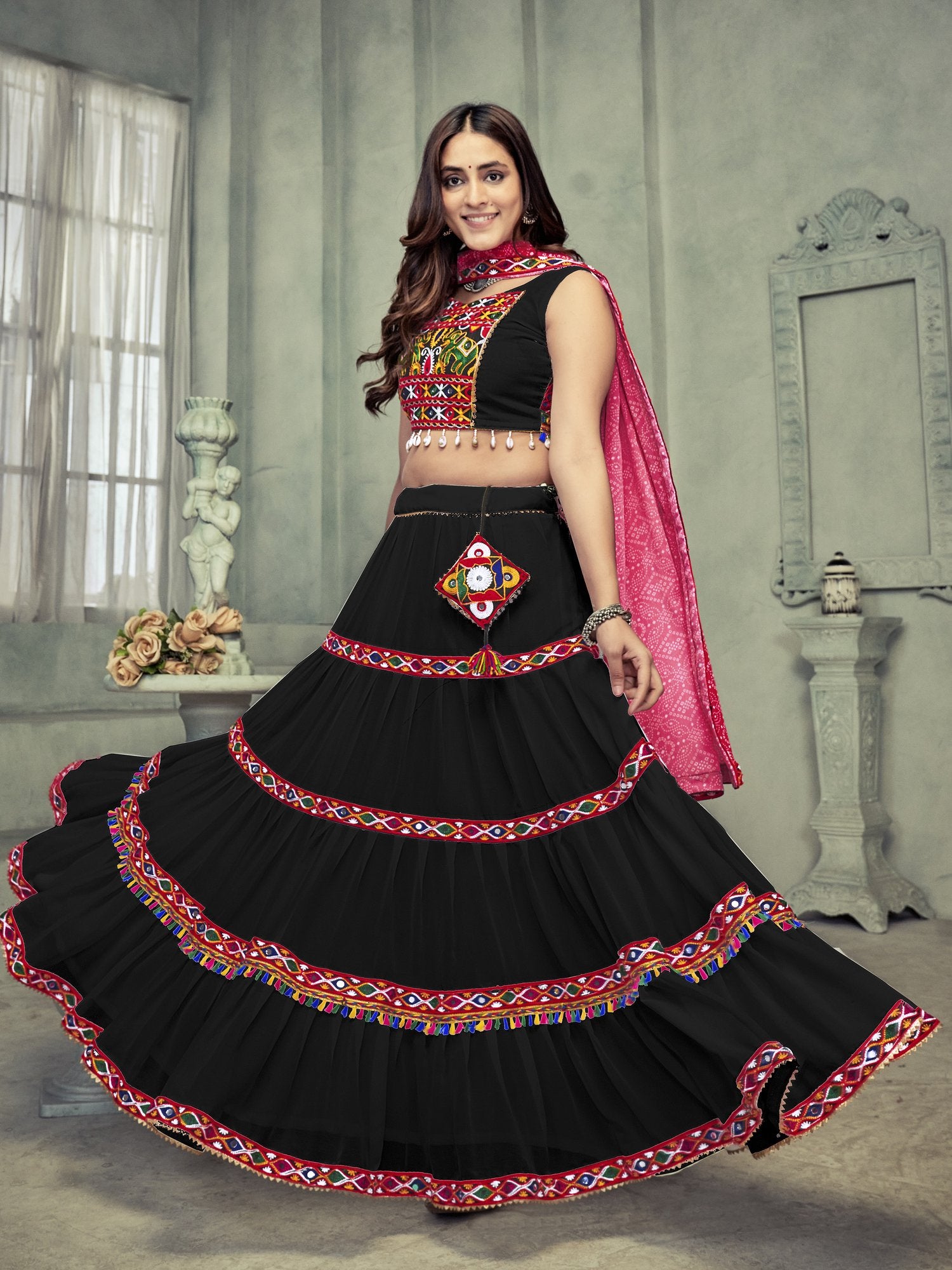 Women's Black Georgette Traditional Kutchi Embroidery with Mirror Work Semi Stitched Lehenga Choli With Dupatta (Nav_21_Black)