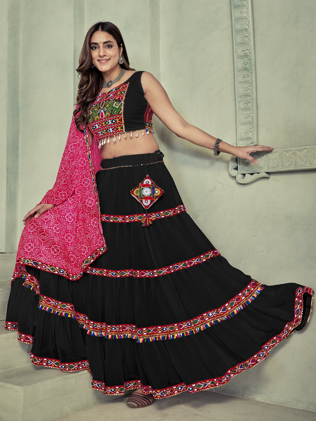Women's Black Georgette Traditional Kutchi Embroidery with Mirror Work Semi Stitched Lehenga Choli With Dupatta (Nav_21_Black)